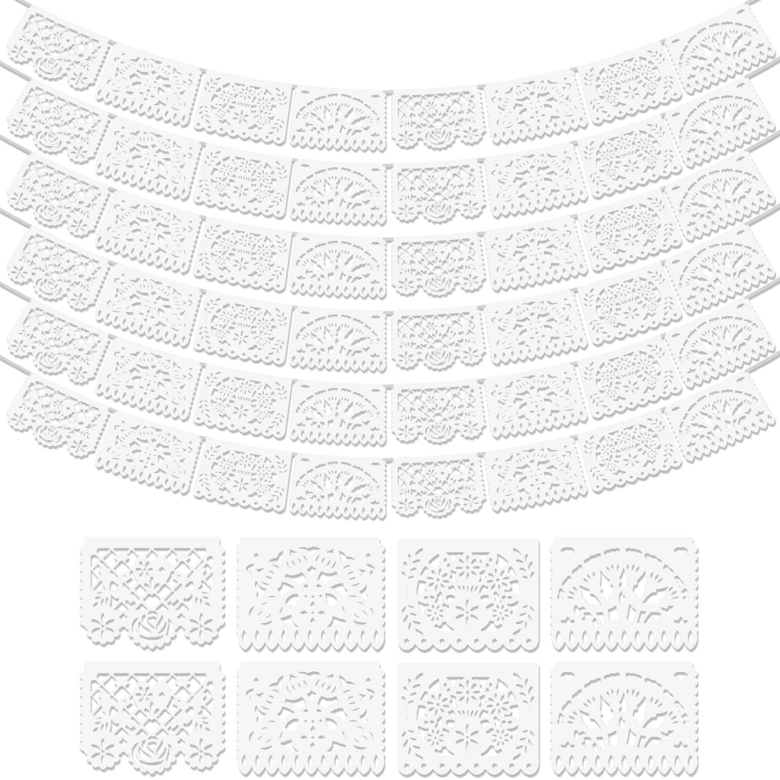 Photo 1 of Asoulin 6Pack White Papel Picado Banner, Cinco De Mayo Plastic Mexican Party Banner Wedding Fiesta Party Decoration 5 De Mayo Mexican Themed Party Mexico Birthday Party Decor Supplies -4 Patterns/90Ft