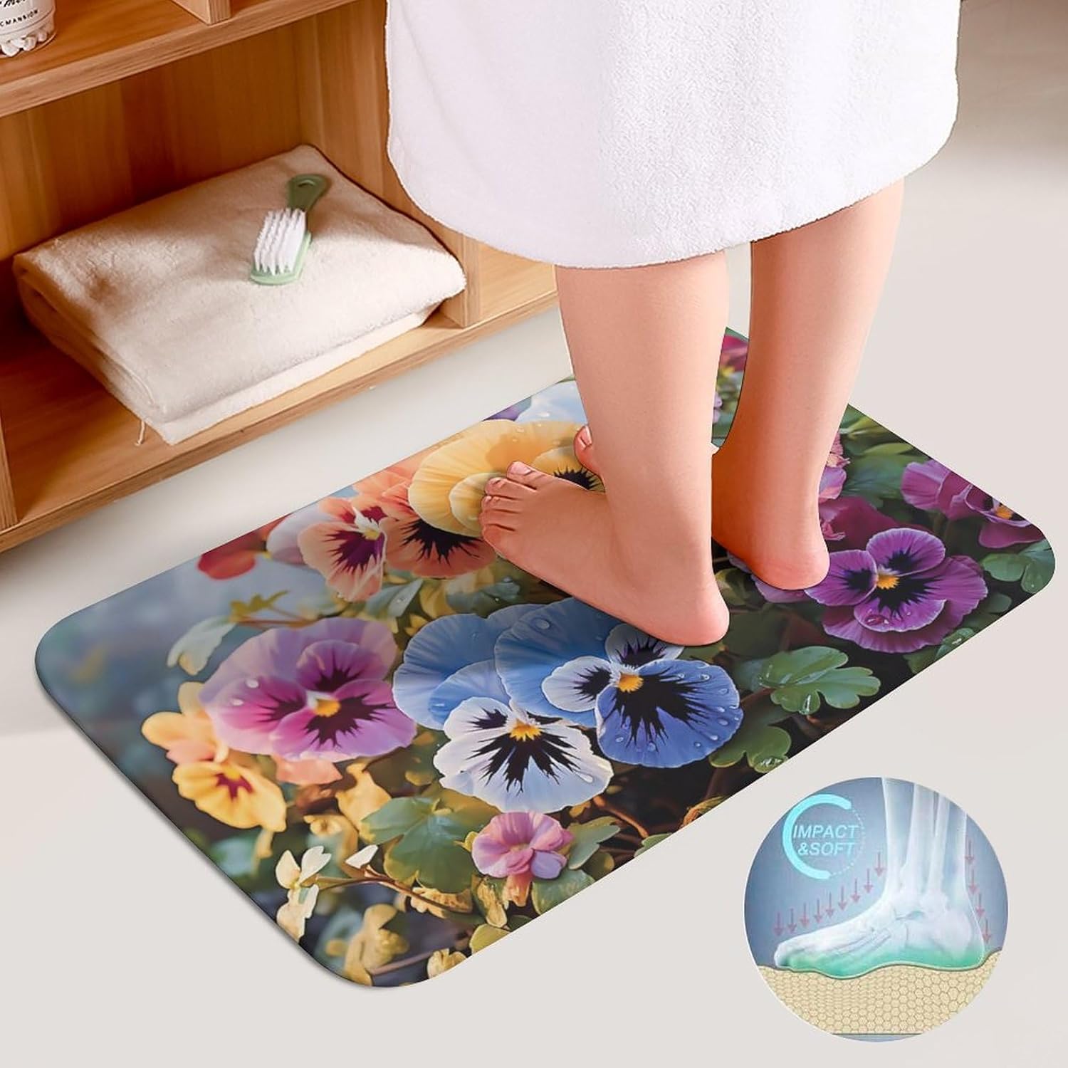 Bathroom Rug Set of 3 Pansy Flowers Bath Mat Decor Rug 20"x32" Non Slip Shower Mat Washable Bath Mats for Door Entrance Tub Side Toilet U Shape Mats