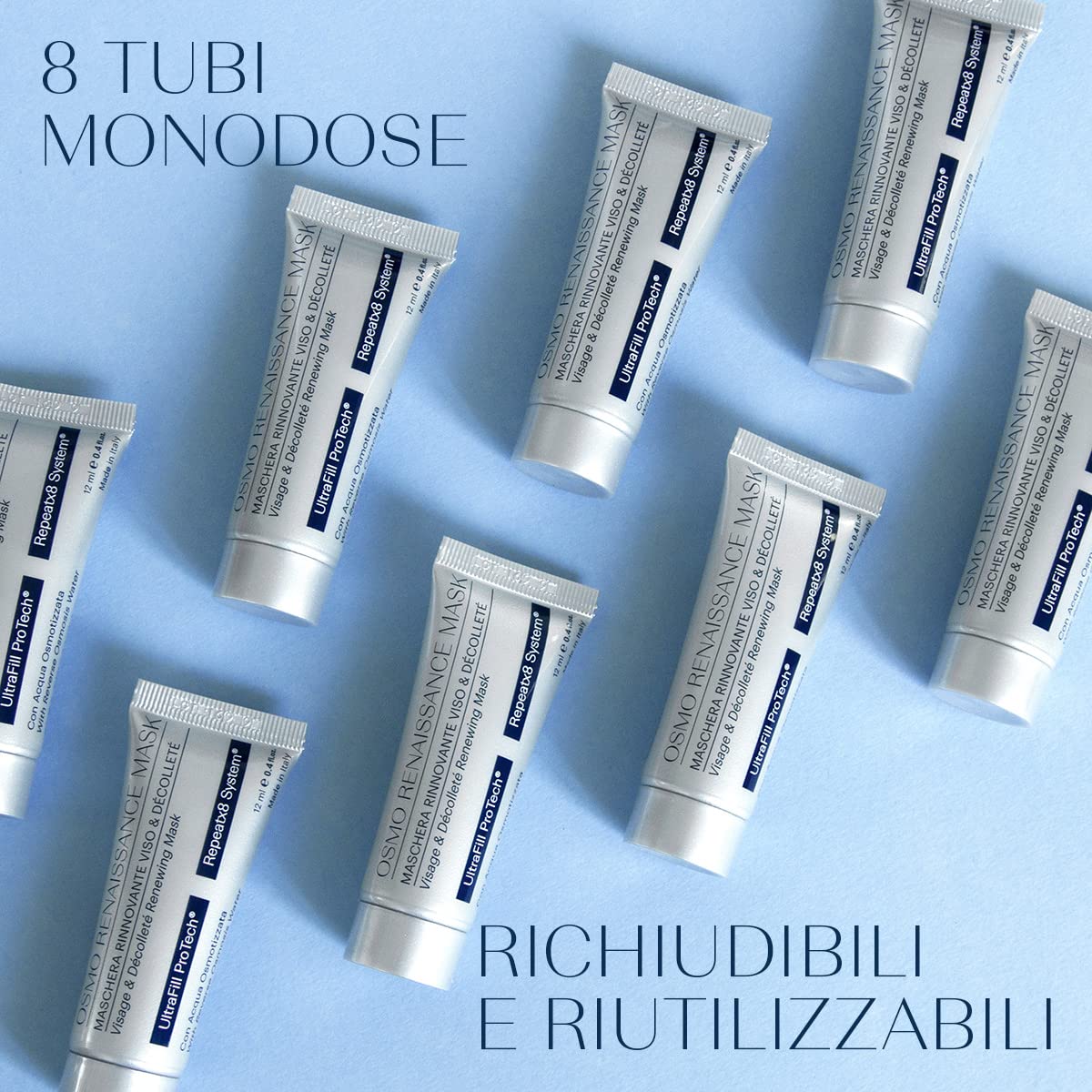 Osmowall OSMO RENAISSANCE MASK Maschera Viso Collo Décolleté Idratante Antirughe. Efficace contro rughe e linee di espressione. Pelle più idratata, uniforme, giovane. 8 Tubi richiudibili da 12ml