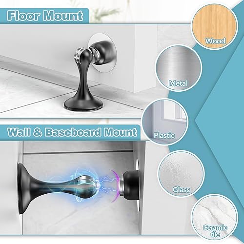 Miniatura 3 de Paquete de 2 topes magnéticos para puerta, topes de puerta de acero inoxidable para montaje en pared y piso, soporte de puerta mantiene la puerta