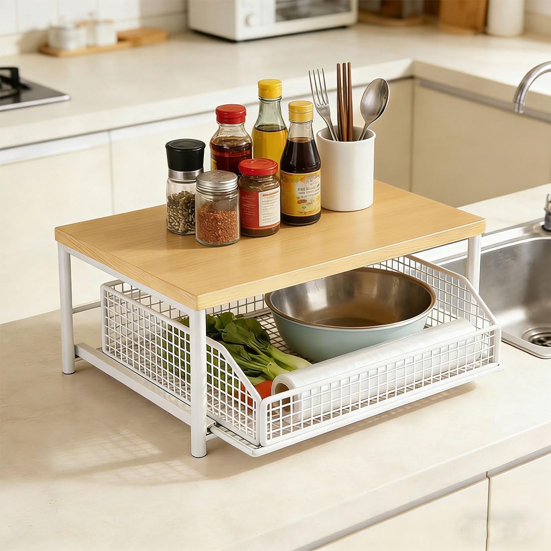 Kitchen Countertop Organizer with Drawer And Wire Basket, 2-Tier Hardwood Shelf Sliding Drawer Organizer, Space-Saving Storagfor Coffee Maker, Microwave, Toaster & Spices (Black-A)