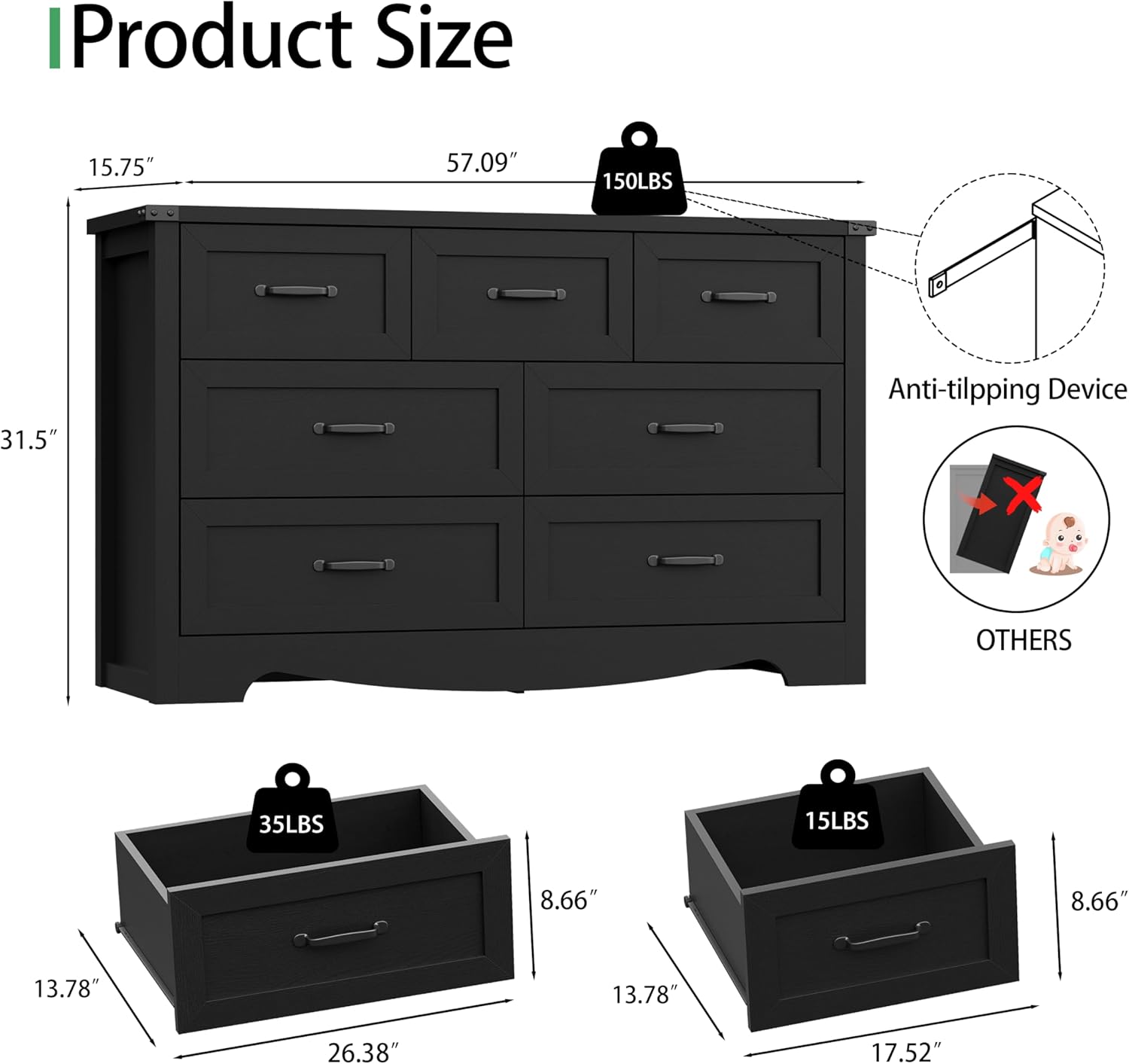 Dresser for Bedroom with 7 Drawers, 58" Wide Wood Chest of Drawers with Deep Drawers & Mental Handle, Modern Dresser TV Stand, Wooden Closet Storage Organizer for Living Room, Hallway, Entryway, Black - Image 2