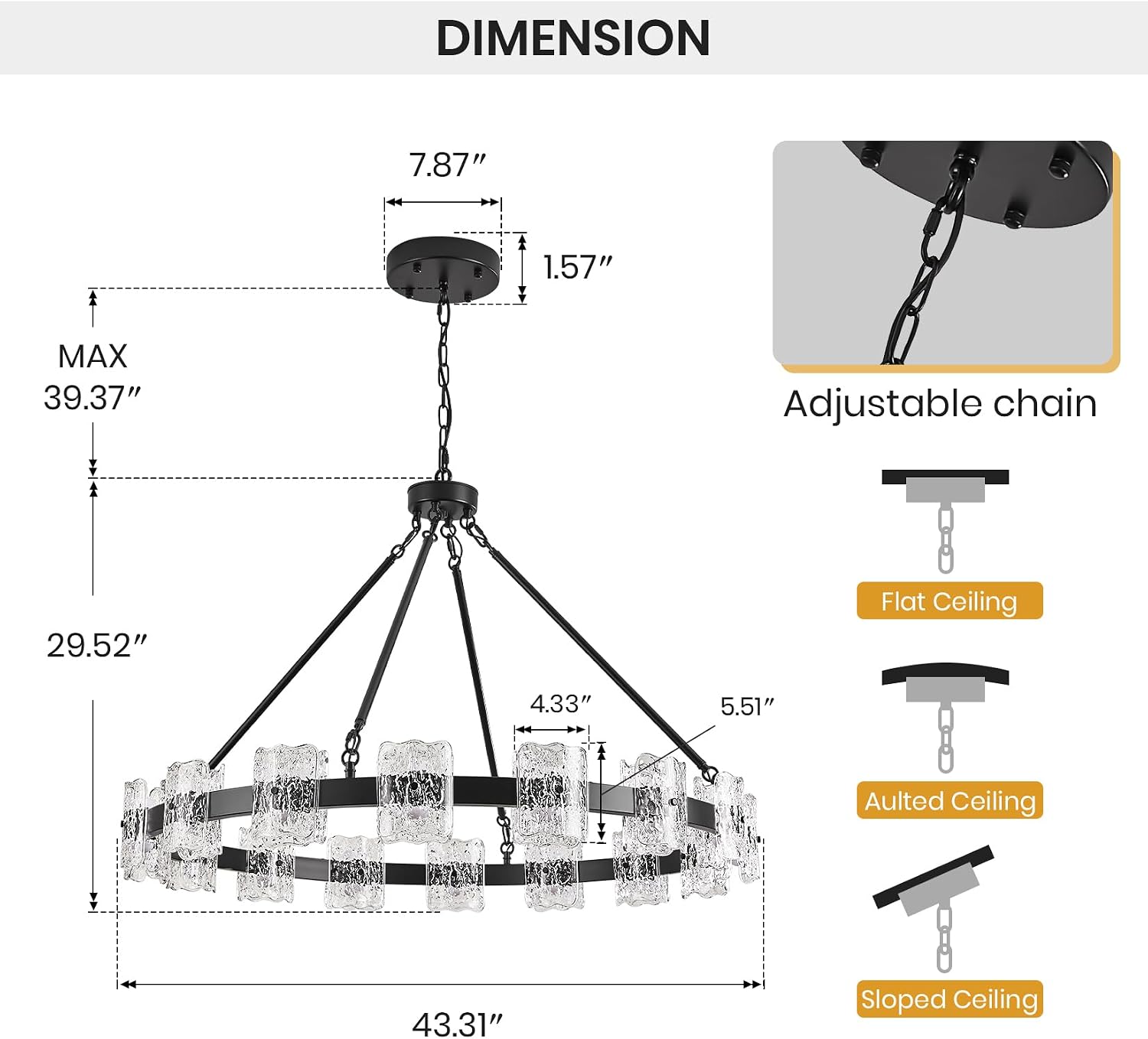 Black Wagon Wheel Chandelier, 16-Light Modern LED Chandelier with Textured Glass, 3CCT Dimmable Pendant Light Fixture for Living Room Dining Room Kitchen Island Bedroom
