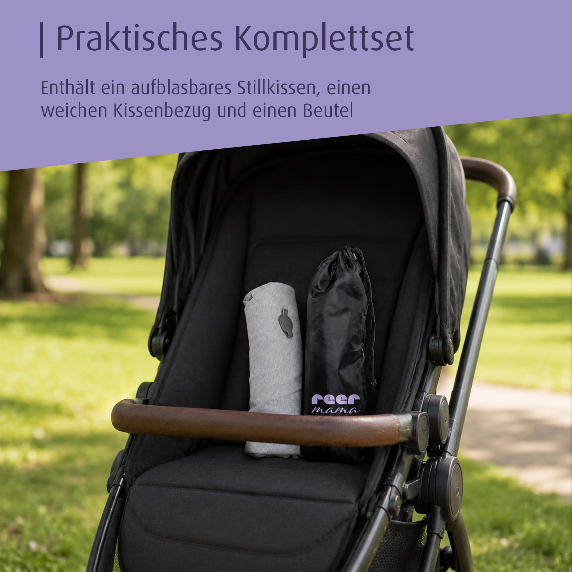 reer Stillkissen to Go, aufblasbares ergonomisches Reisestillkissen in Tropfenform, kleines Stillkissen für unterwegs, Abnehmbarer Bezug - Stillhilfe für Baby und Mama, Bezug dermatest geprüft, Grau