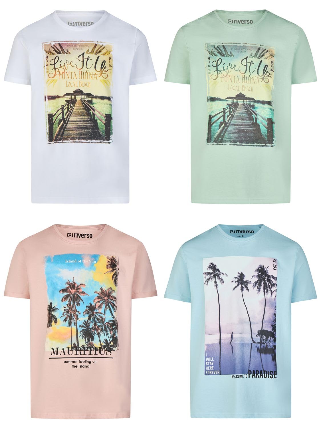 riverso Tshirt Herren Set Baumwolle Regular Fit RIVLukas 4er Pack | Rundhals Kurzarm Sommer Tee Shirt Print Blau Grün Weiß Grau Gelb Türkis S M L XL XXL 3XL 4XL 5XL