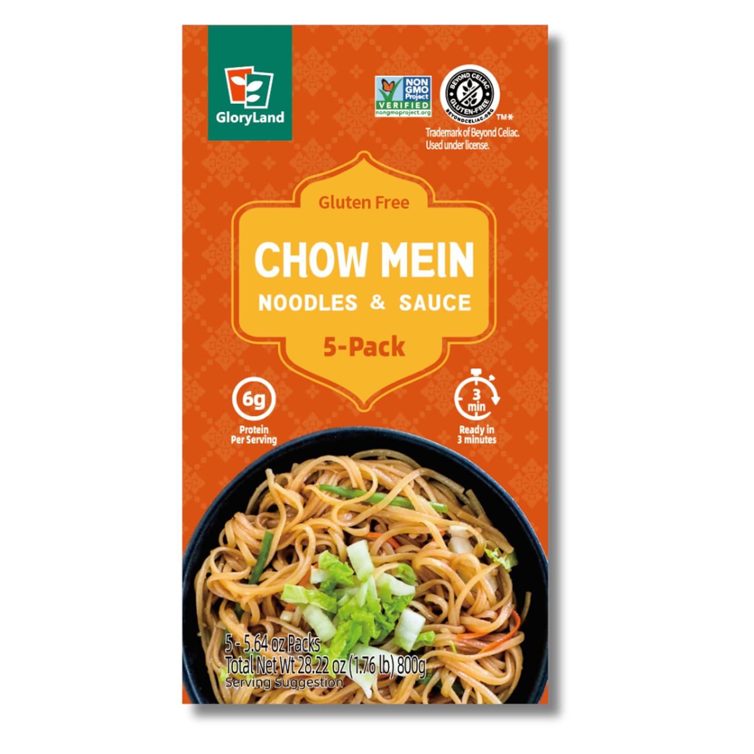 GloryLand Chow Mein Noodles & Sauce Meal Kit, Gluten Free Vegan Asian Noodles, Quick Chow Mein Stir Fry Dinner Kit, 5.6 oz Pack of 5