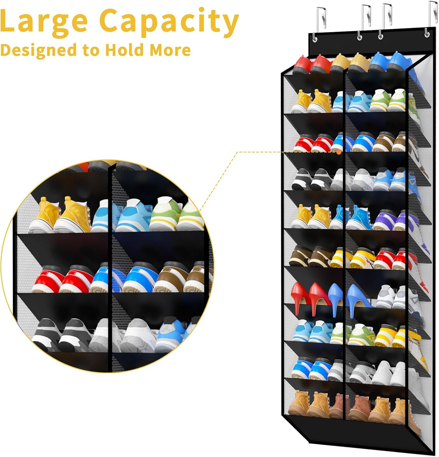 KEEPJOY Large Capacity Over the Door Shoe Organizer, 10-Tier Mesh Hanging Shoe Rack with 20 Wide Deep Pockets, Holds 20–30 Pairs of Sneakers and Boots, Door Hanging Shoe Holder (Piano White) image 5