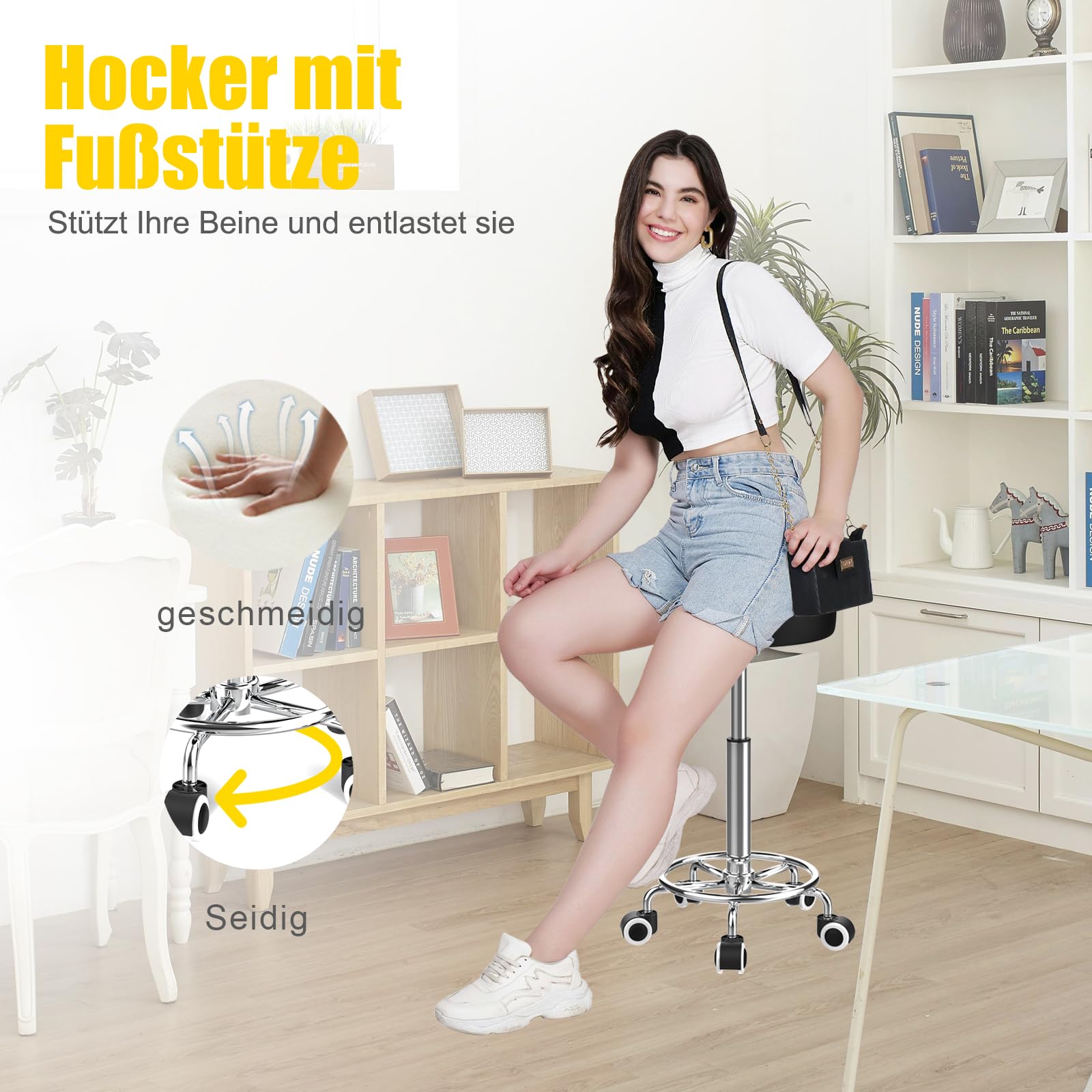 Hocker höhenverstellbar 49cm-63cm,Rollhocker mit fußstützezur Entspannung des Körpers,kompakt,bequem und leicht PU leder hocker mit rollen,drehhocker,arbeitshocker,friseurhocker,bürohocker (1 Schwarz)