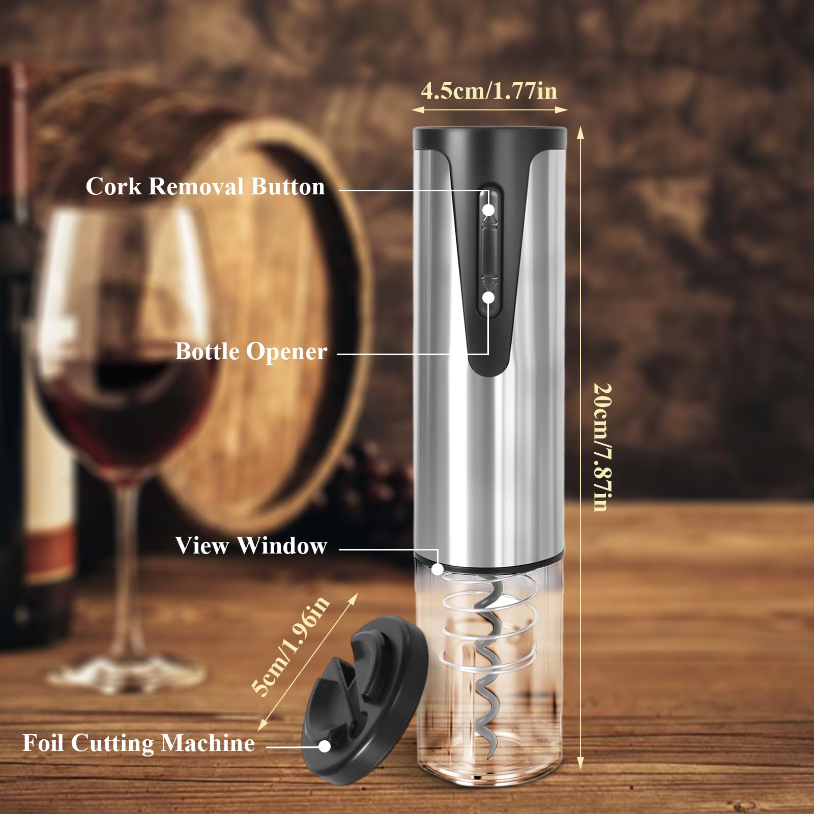 Abrebotellas de vino eléctrico, sacacorchos automático eléctrico recargable con cortador de papel de aluminio y cable de carga USB para Hogar,Bar y como Regalo,Plata