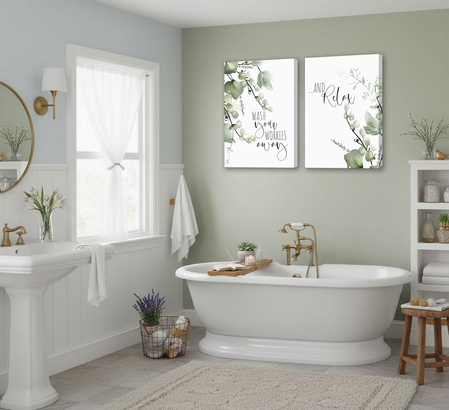 2 Pcs Botanical Canvas Wall Art Green Eucalyptus Leaves Picture Wall Decor Plant Watercolor Bathroom Poster Print for Toilet Laundry Clean Room Home Decoration
