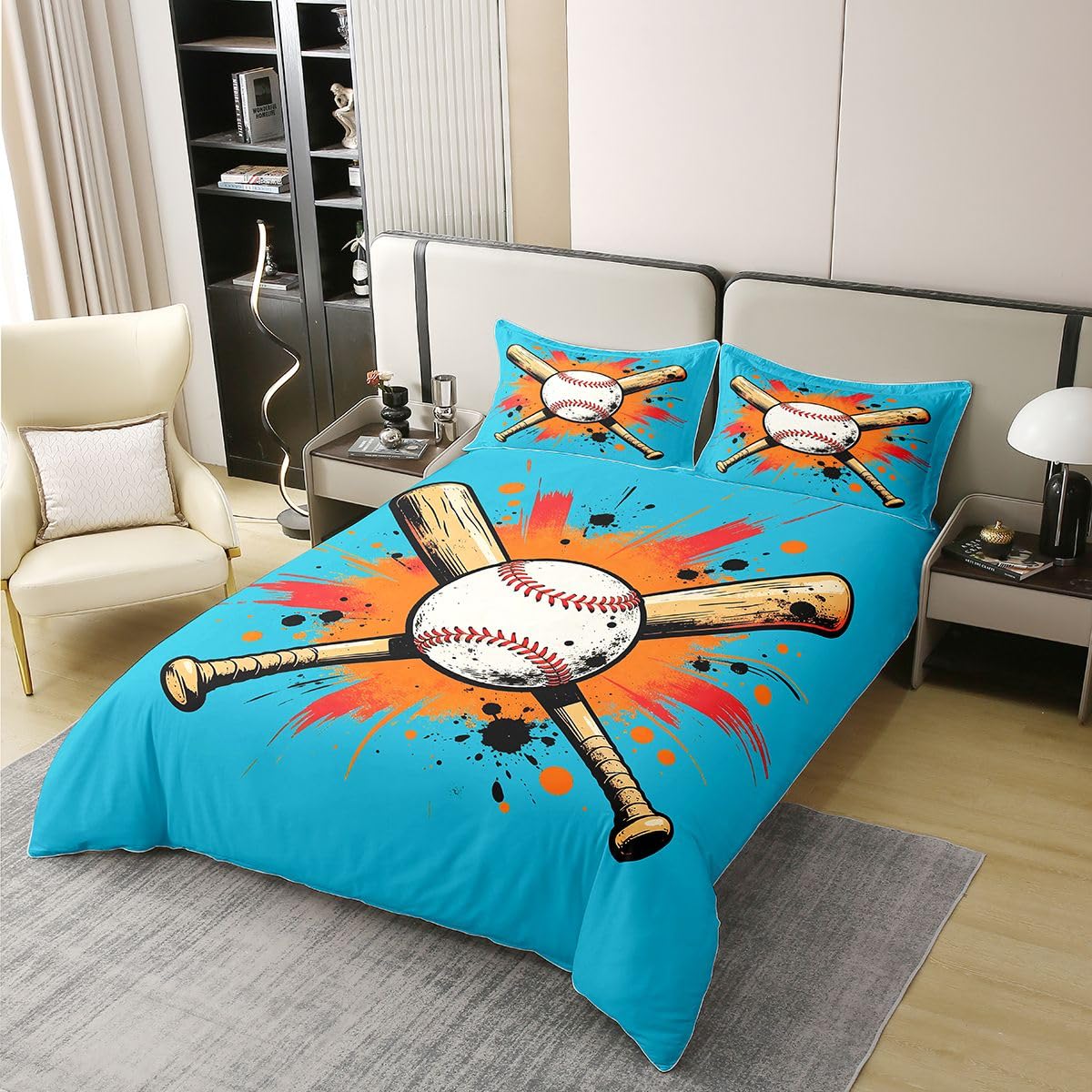 Set da baseball 3D 100% cotone naturale coperta S dimensione baseball pipipistrello classico retrò arte graffiti set di biancheria da letto ballsport a tema coperta, 2 pezzi