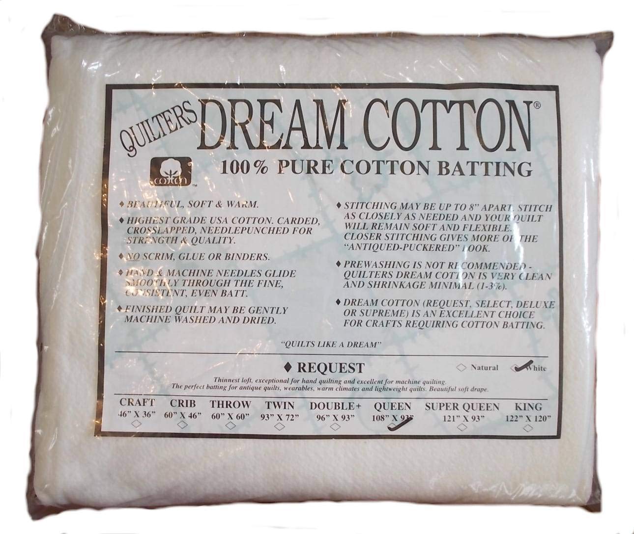 Quilters Dream Cotton White Request, Low Loft Batting Queen Size 108