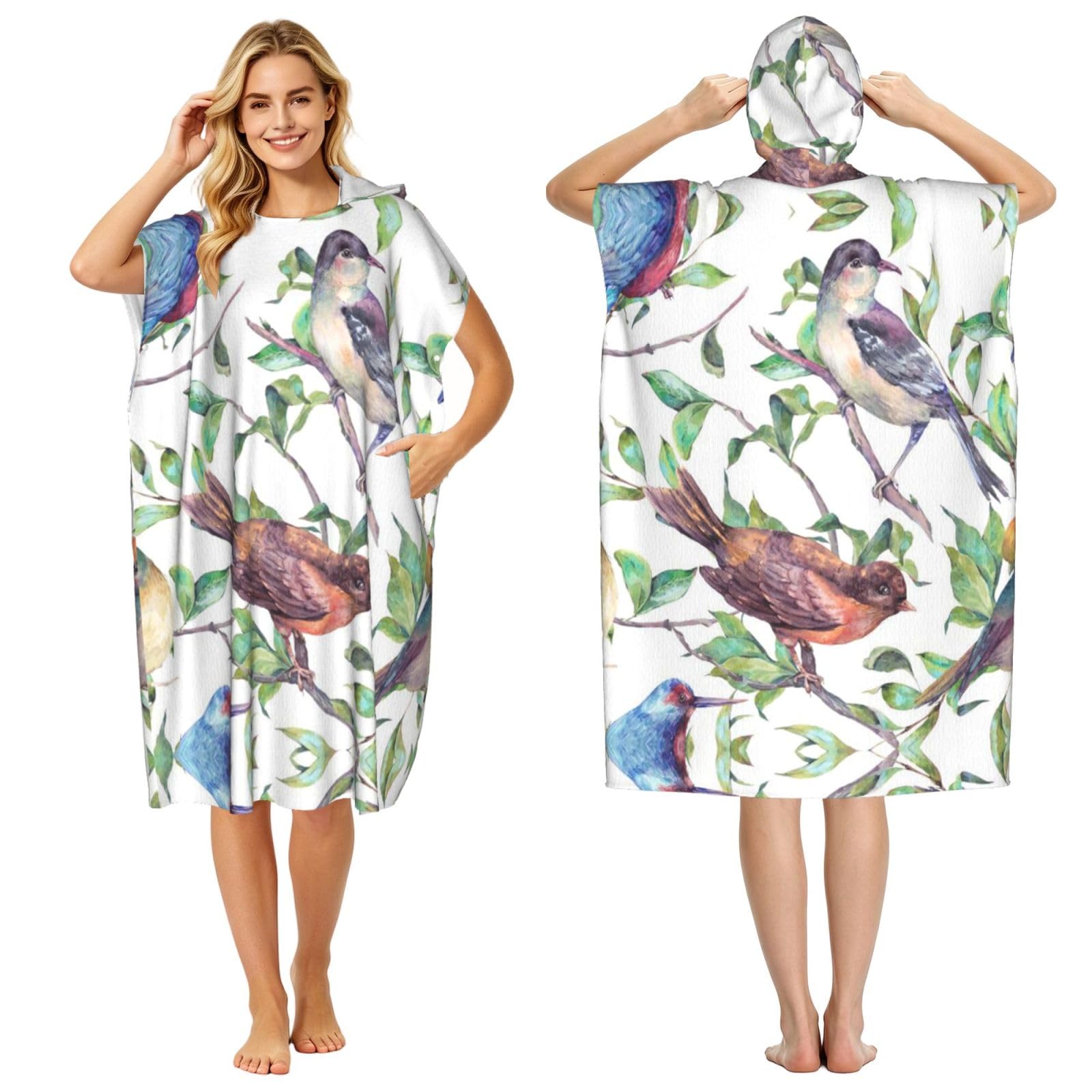 Poncho à capuche en microfibre imprimé oiseau serviette de plage pour adulte