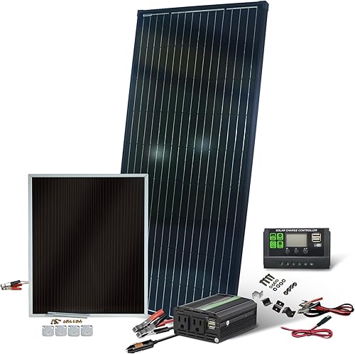 Nature Power Kit completo de panel solar de 215 vatios con inversor de potencia de 400 vatios, controlador de carga de 15 amperios y cargador solar