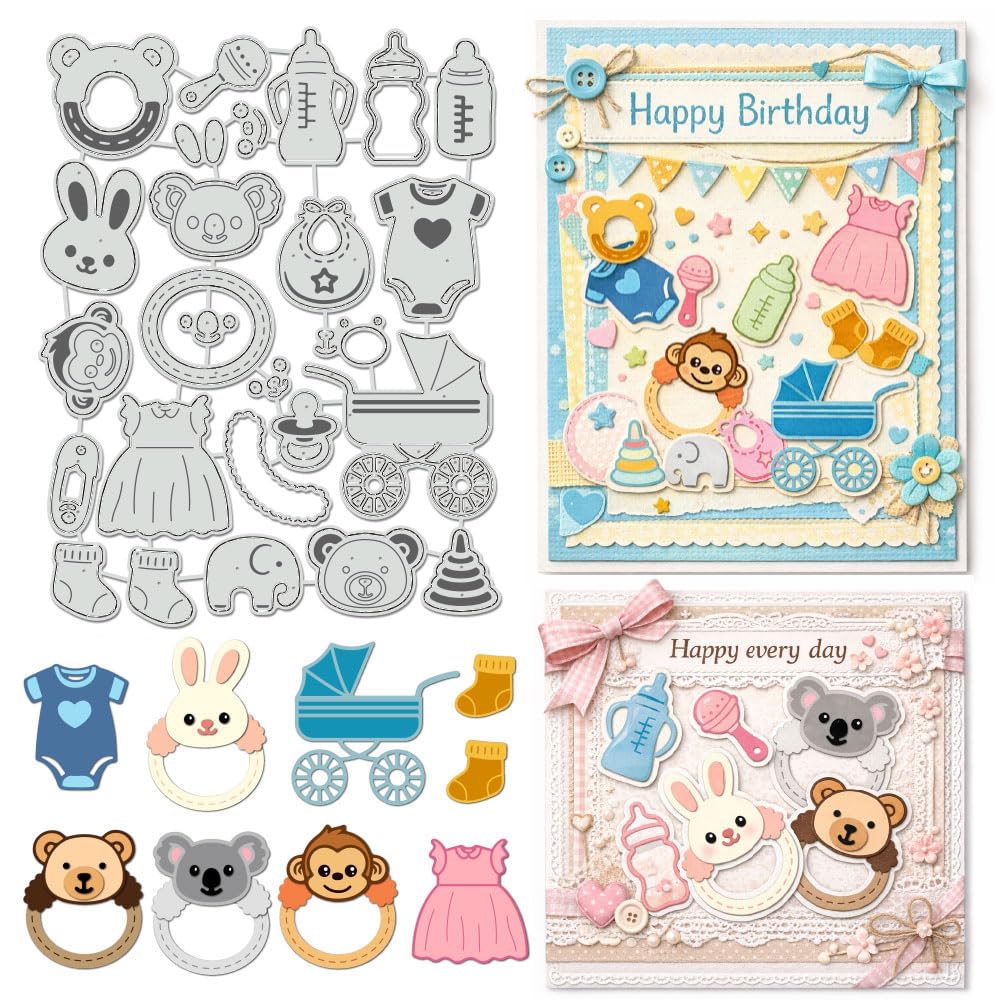 UNICRAFTALE 27Pcs Rabbit Bear Animal Theme Cutting Dies Bottle and Teat Stencils for Card Making Frame Scrapbook Metal Die Cuts Carbon Steel Embossing Stencils Template for DIY Paper Album Decor