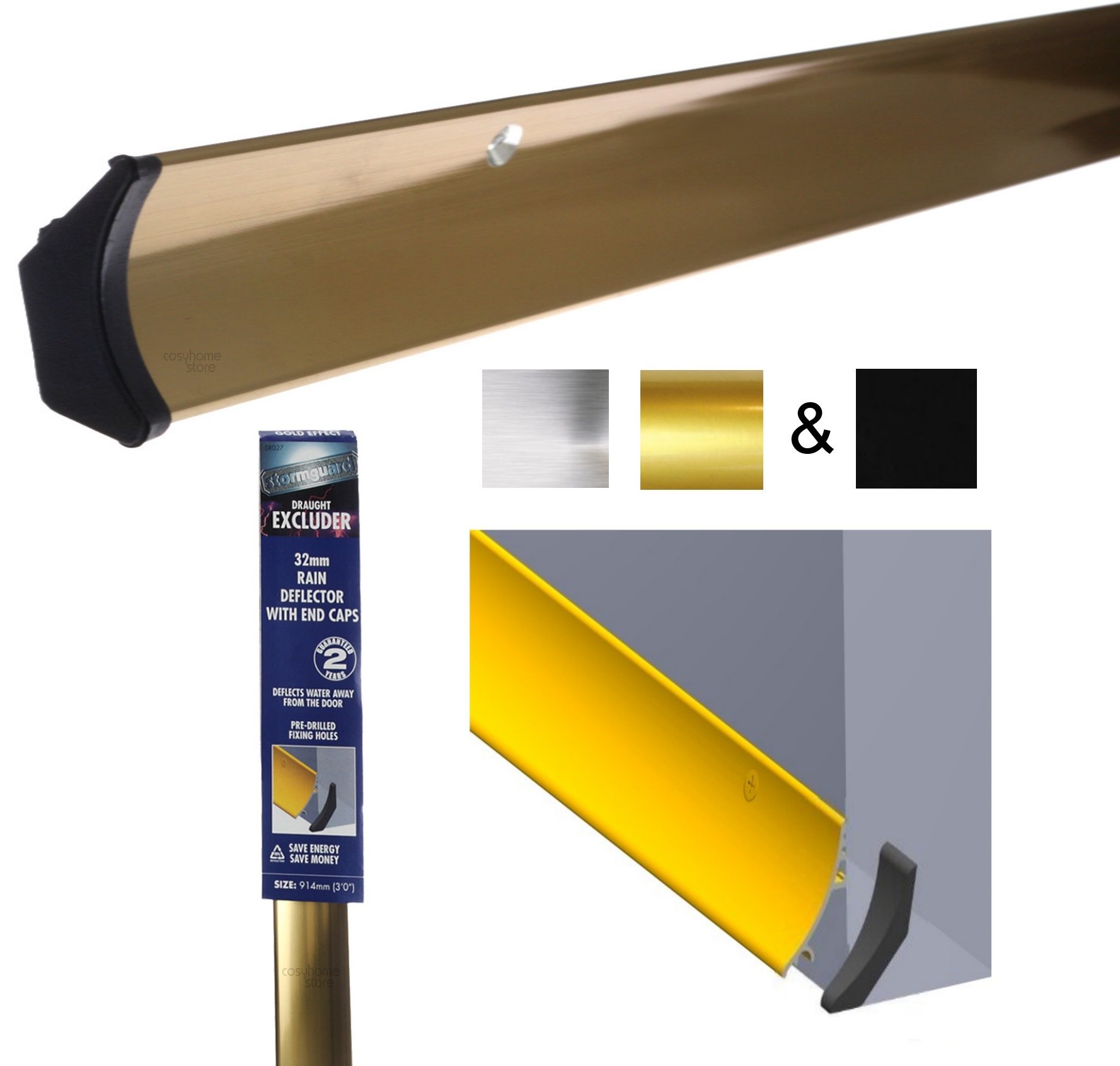 Rain Deflector for Exterior Door, 914mm, Door Rain Deflector with End Caps, Gold Effect