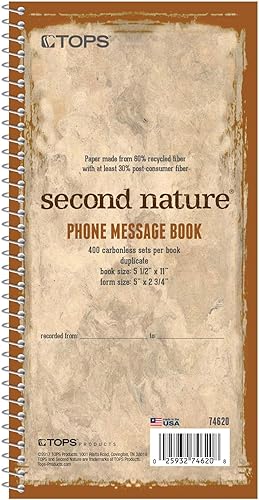 TOPS Bloc de mensajes para teléfono, libro de llamadas, papel autocopiativo 2 partes, 2 34 x 5, 400 formularios - 74620, blanco