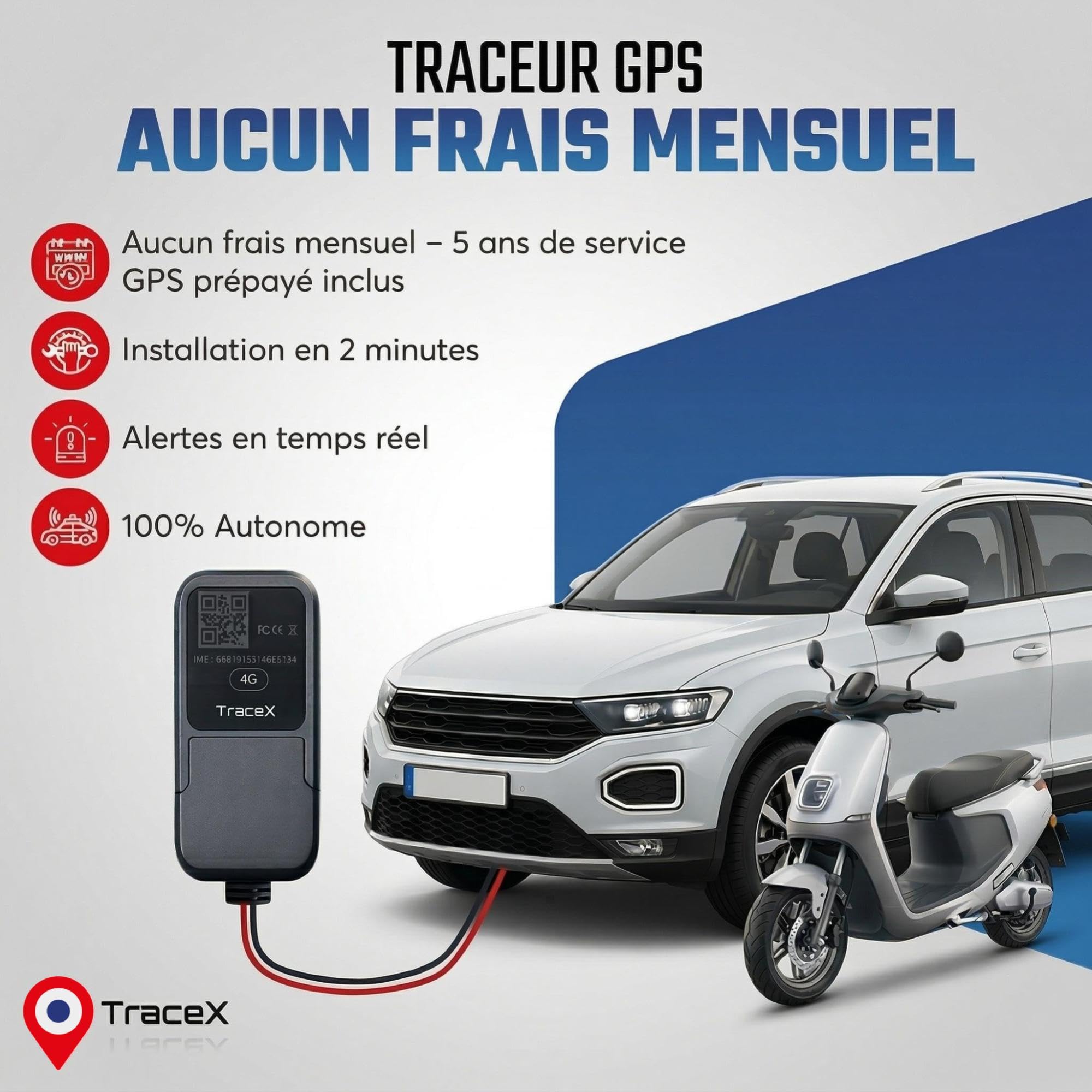 Traceur GPS Voitures et Motos – sans Frais mensuels, sans Recharge – App Mobile + abonnement 5 Ans Inclus – Tracker GPS véhicules, Scooter et Moto – Localisation en Temps réel & alertes