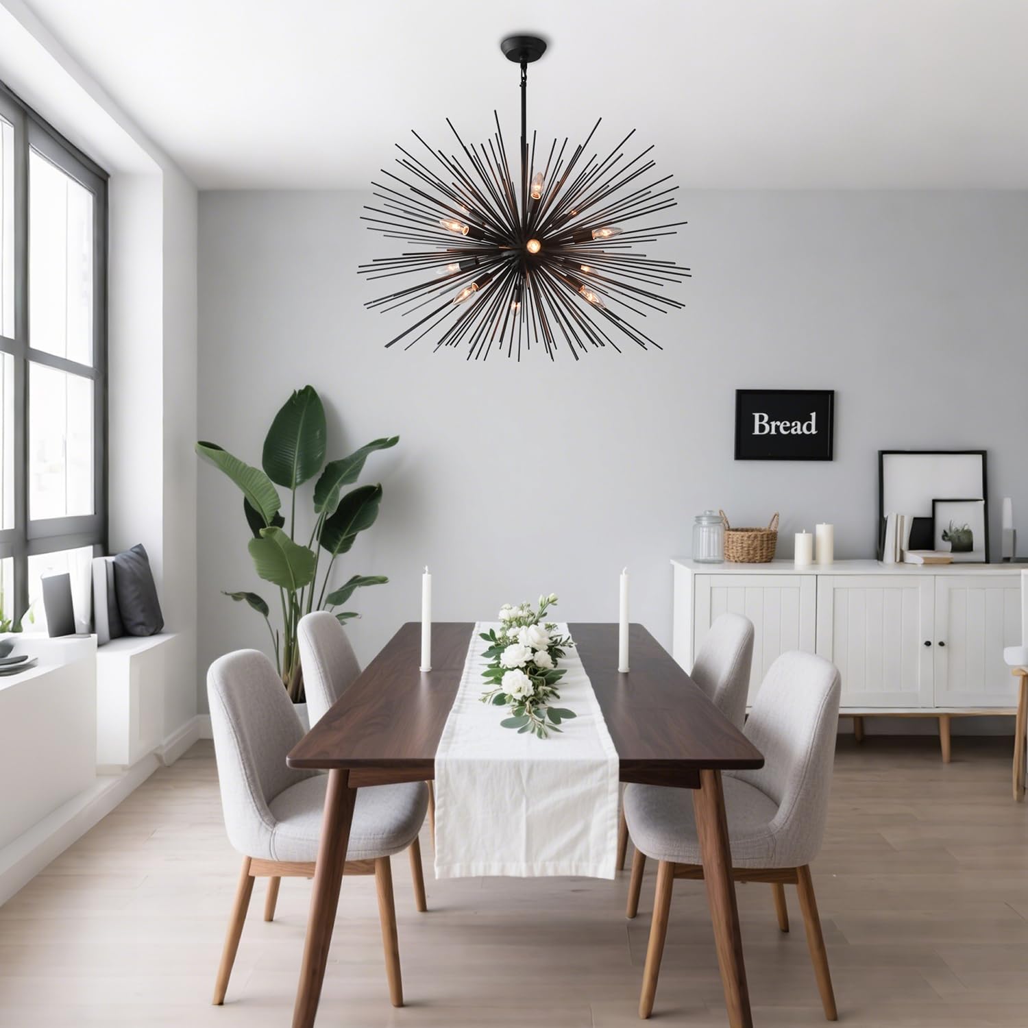 34in Black Sputnik Chandelier 12-Light Large Starburst Chandelier Light Fixture Solid Metal Mid-Century Modern Satellite Chandeliers for Living Room Dining Room Foyer,Bedroom E12