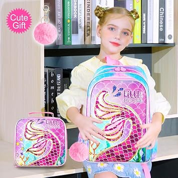 AGSDON 3PCS Kids Backpacks for Girls, 16 Little Kid Mermaid Backpack Preschool School Bookbag and Lunch Box