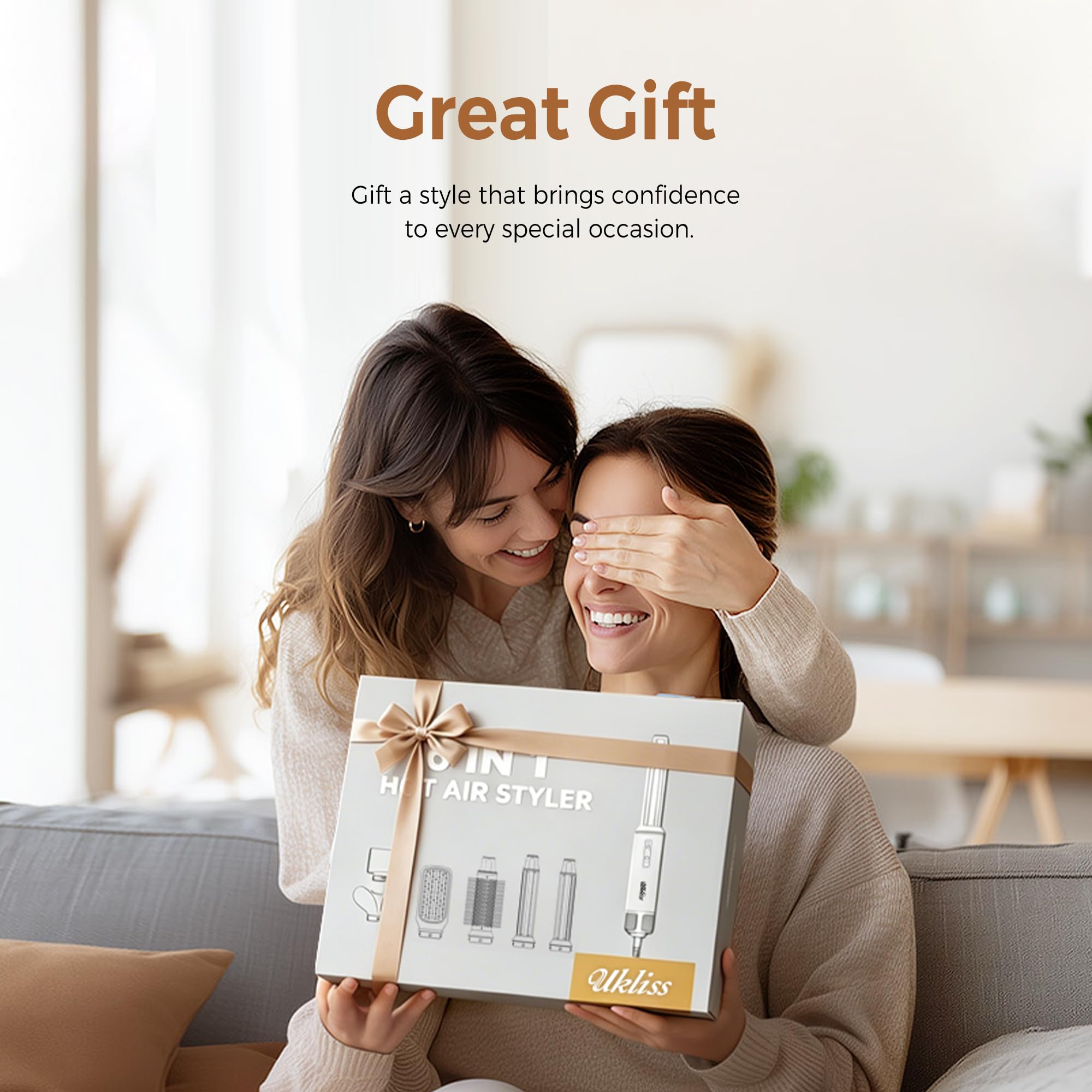UKLISS Seche Cheveux 6 en 1 Hair Styler avec LCD-Display | Brosse Soufflante Brushing Hairstyler Boucleur a Cheveux Hair Dryer Airbrush Brosse Lissante | Cadeaux pour Femmes Styling - Gold
