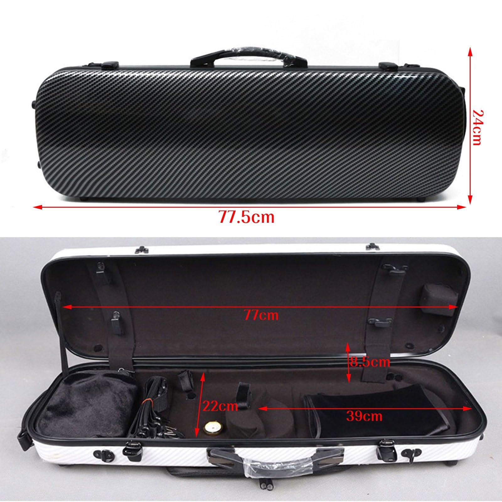 Kohlefaser 4/4 Geigenkoffer mit Schultergurt und Tragegriff Hartschale Geigenkasten mit Notentasche und Bogenhalter Violinenkoffer mit Hygrometer Wasserdicht Gigbag(Weiß)