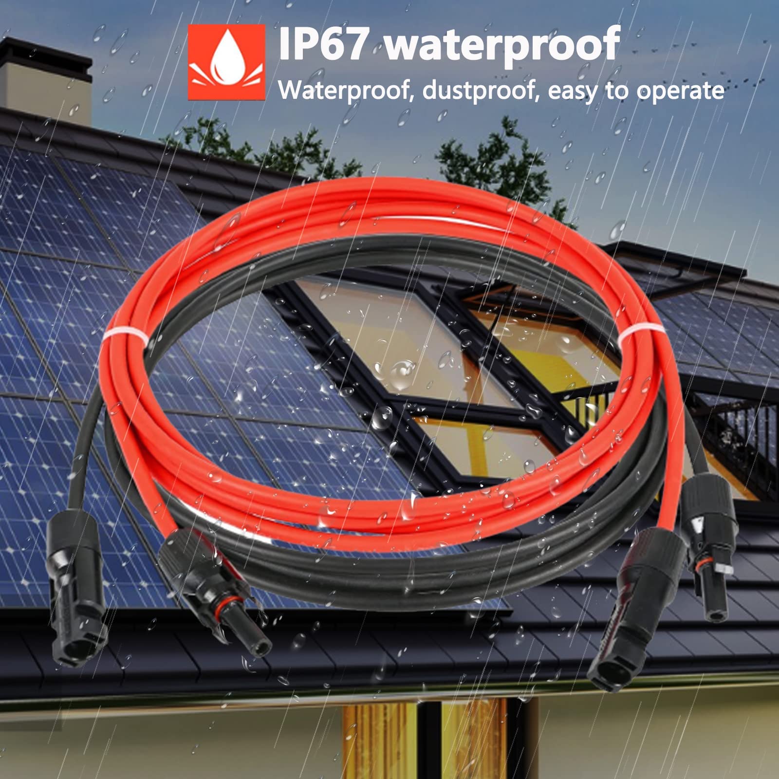 Kabel solarny przedłużacz 2 m, 12 AWG/4 mm², przedłużacz solarny, 1500 V, fotowoltaiczny kabel solarny IP67, wodoszczelny czarny/czerwony (14 AWG -10 m)