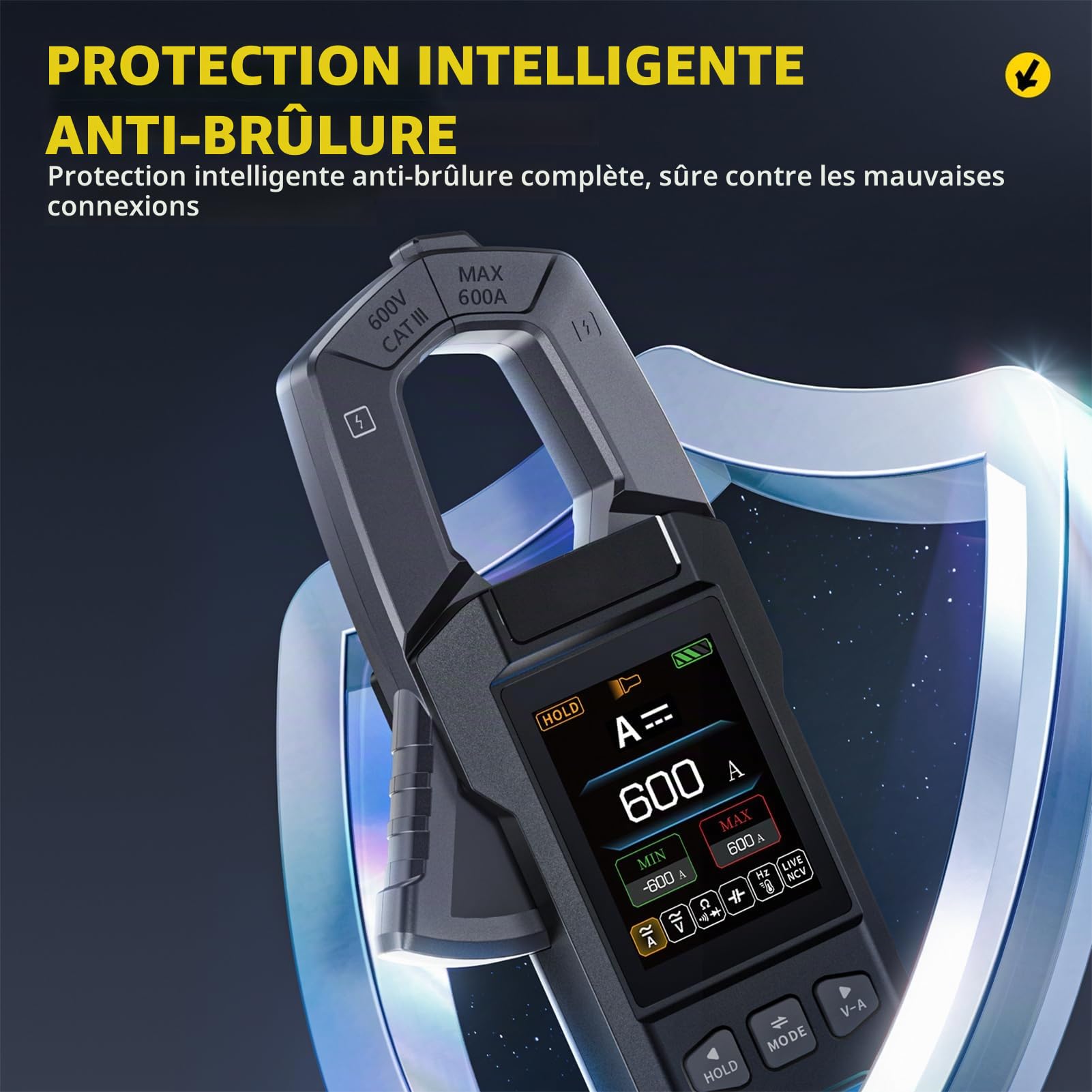 Pince Ampèremétrique Numérique, Multimetre AC DC avec Éclairage LED Ampèremètre 10000 Counts Clamp Meter Mesure la Résistance Capacité Tension Courant Température Fréquence Diodes