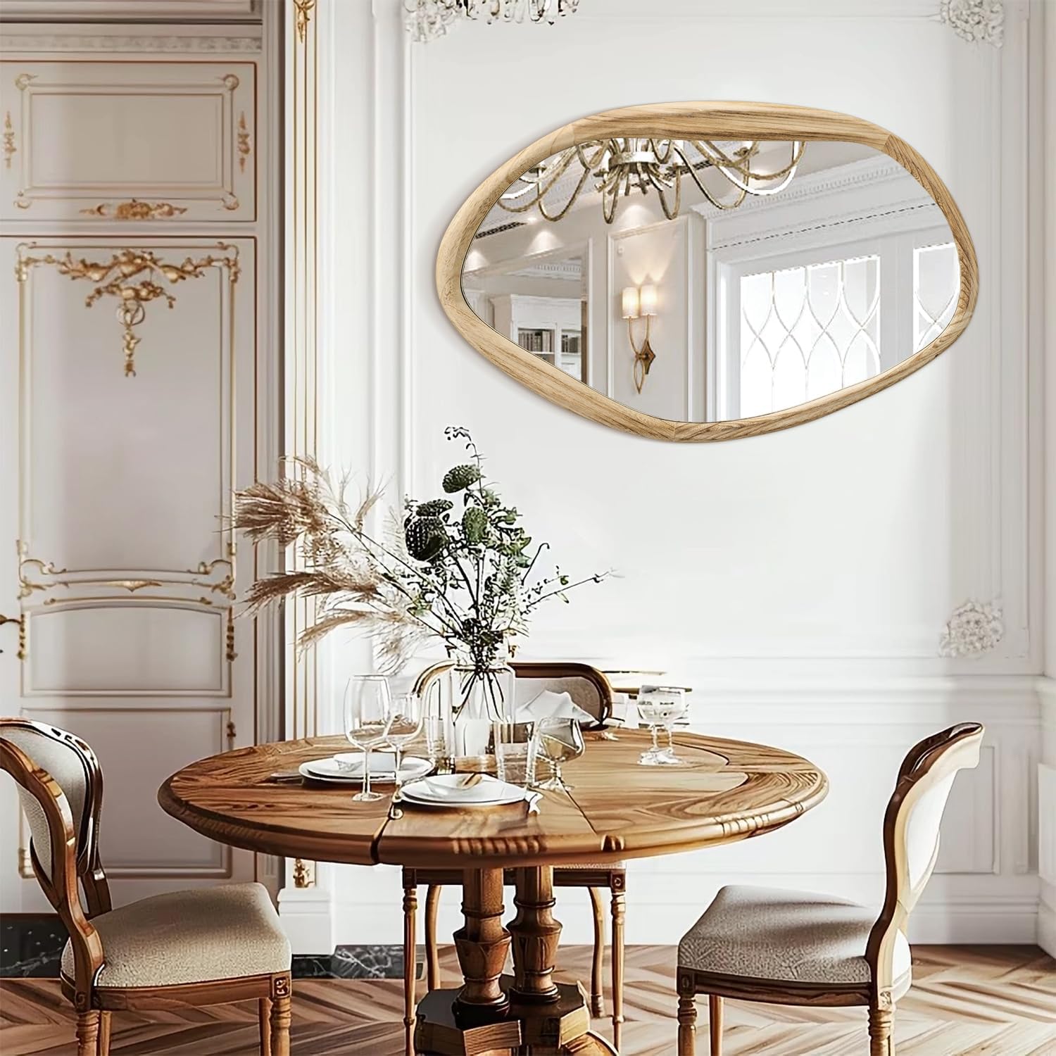 JJUUYOU Irregular Wood Mirror 28"x20" Large Asymmetrical Bathroom Wall Mounted Mirror Horizontal or Vertical Hanging Wall Mirror for Makeup Bedroom Living Room,Wood