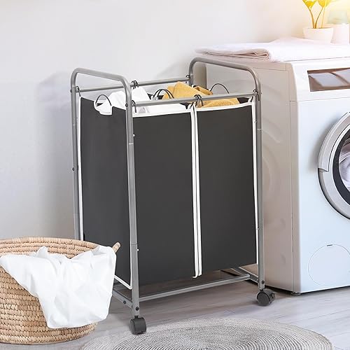 Miniatura 2 de Clasificador de ropa sucia de 2 secciones, 2 bolsas, carrito de lavandería rodante, cesta de lavandería con ruedas resistentes con cerradura y bolsa