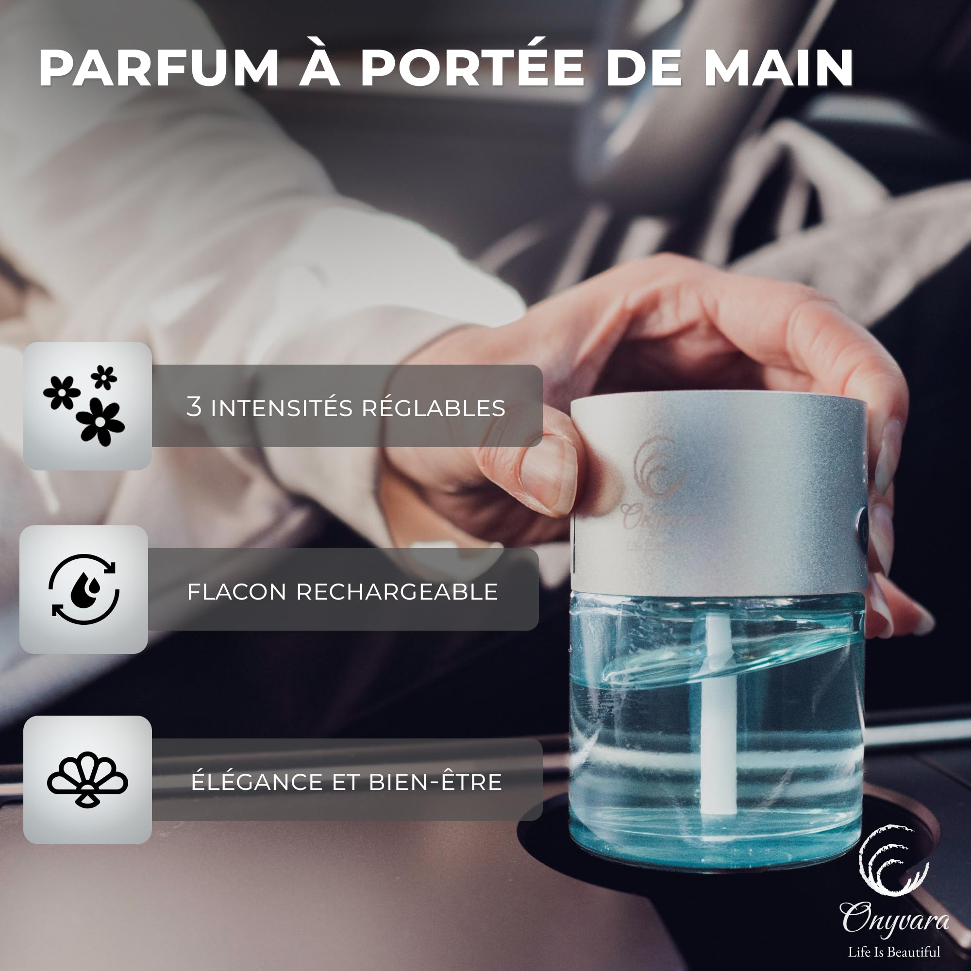 Diffuseur Parfum Voiture Automatique - Senteur Mousse d’Ambre - Désodorisant Voiture 80ml sans Fil - Diffuseur Huiles Essentielles Intelligent & Ultrasonique