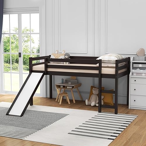 Miniatura 8 de DORTALA Cama alta individual con tobogán, marco de cama individual para niños, niños pequeños, jóvenes, cama baja con tobogán, escalera, rieles de