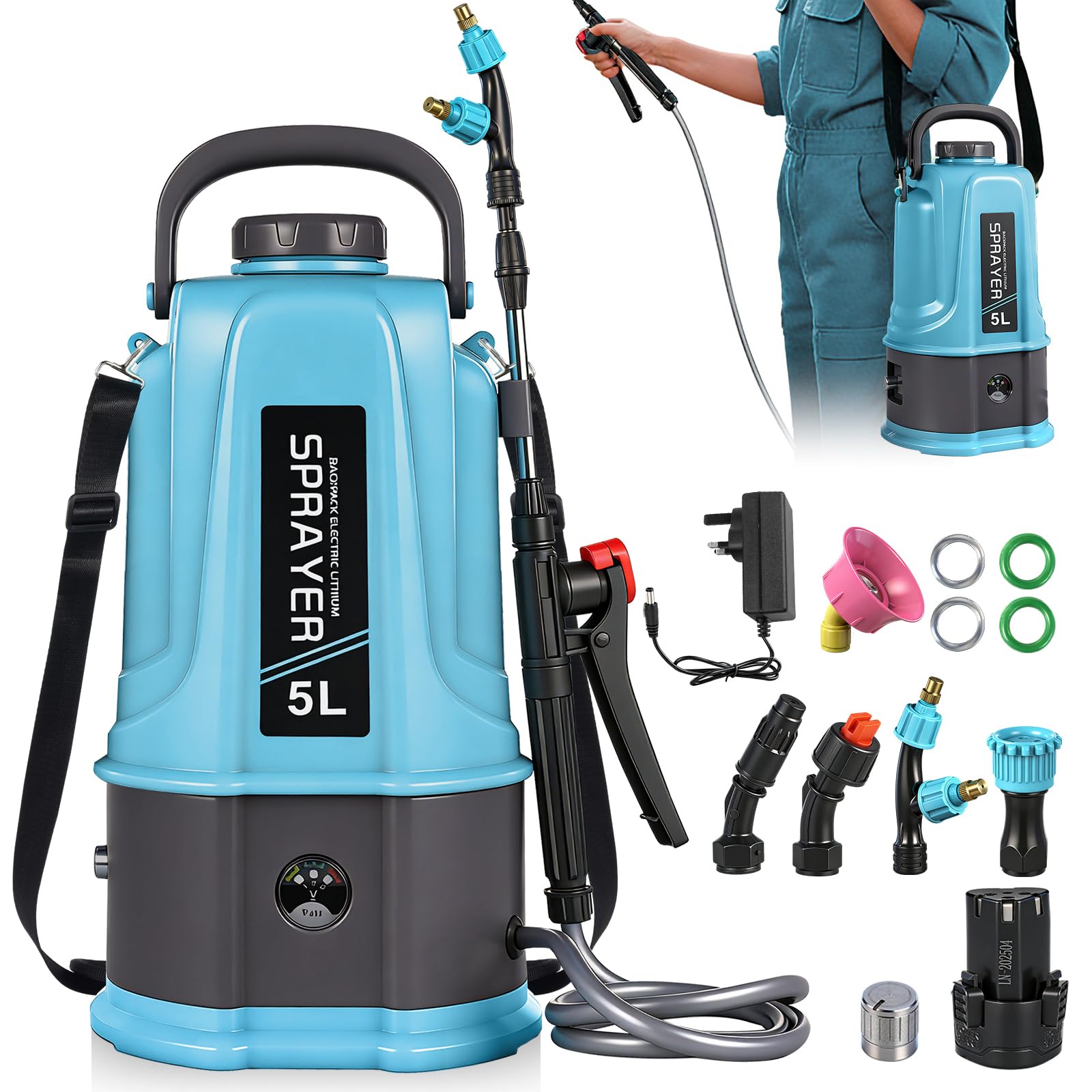 Sararoom Garden Sprayer, 5L Pressure Sprayer, Battery Powered Pump Water Sprayer with 5 Nozzle | Backpack Large Weed Sprayer Bottle, Rechargeable Electric Spray for Gardening,Plants,Pesticides,Chemica