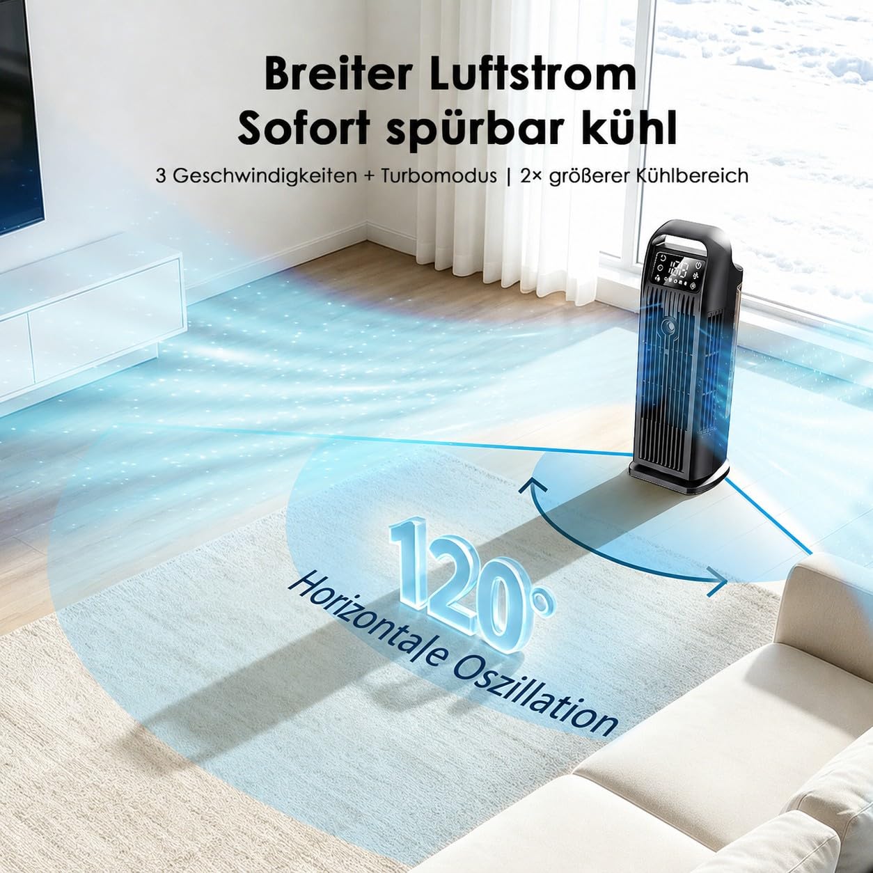 Mobile Klimaanlage ohne Abluftschlauch 6-in-1, Luftkühler mit Wasserkühlung & 1200ml Tank, 7m/s Turbo, 120° Oszillation, 1-12H Timer, 36W Leises Mini Klimagerät für Schlafzimmer & Büro, Schwarz Matt