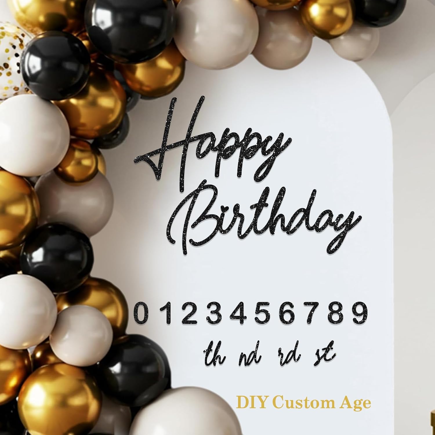 Happy Birthday Sign for Backdrop: Glitter Felt Happy Birthday Letter Sign with DIY 0-9 Numbers for Balloon Arch Birthday Party Arch Wall Decorations for Birthday Party Photo Background-Black