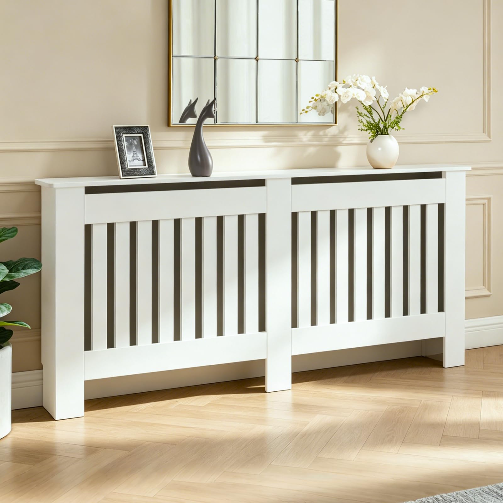 LEMROE Radiator Cover W172cm Wooden Vertical Slat Living Room Shelf Cabinet White Painted Home Furniture for Living Room & Hallway
