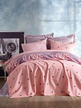 Love and Hearts Temal  %100 Pamuk Yatak  rt s  Pike Set, Tam/Krali e Boy, K z  ocuk Yatak Dekoru, 4 Par a