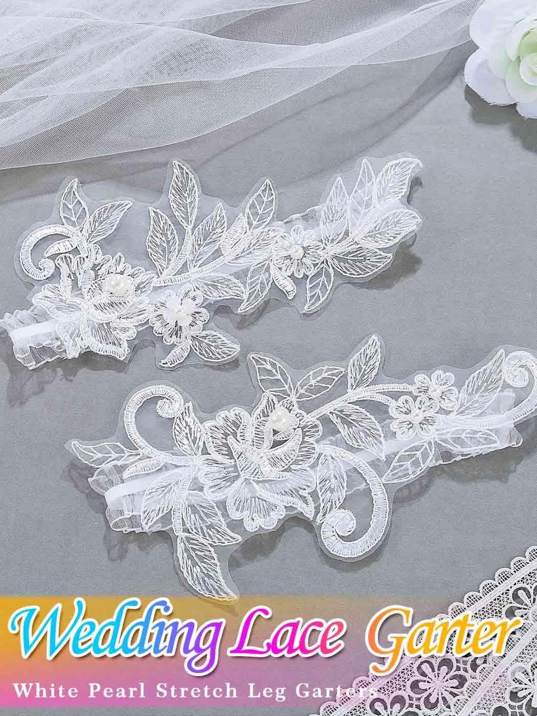 HEREAD Lace Wedding Garter White Pearl Stretch Leg Garters Leg Bridal Accessories for Women and Brides (Pack of 2)