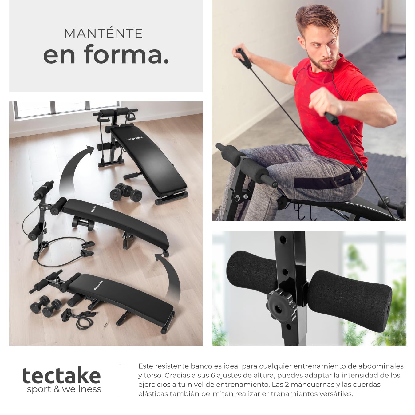 tectake® Banco Musculación, Equipo Multifuncional para Fitness en Casa, Abdominales y Banco de Pesas, Monta Tu Gimnasio en Casa - 129 x 55 x 70 cm