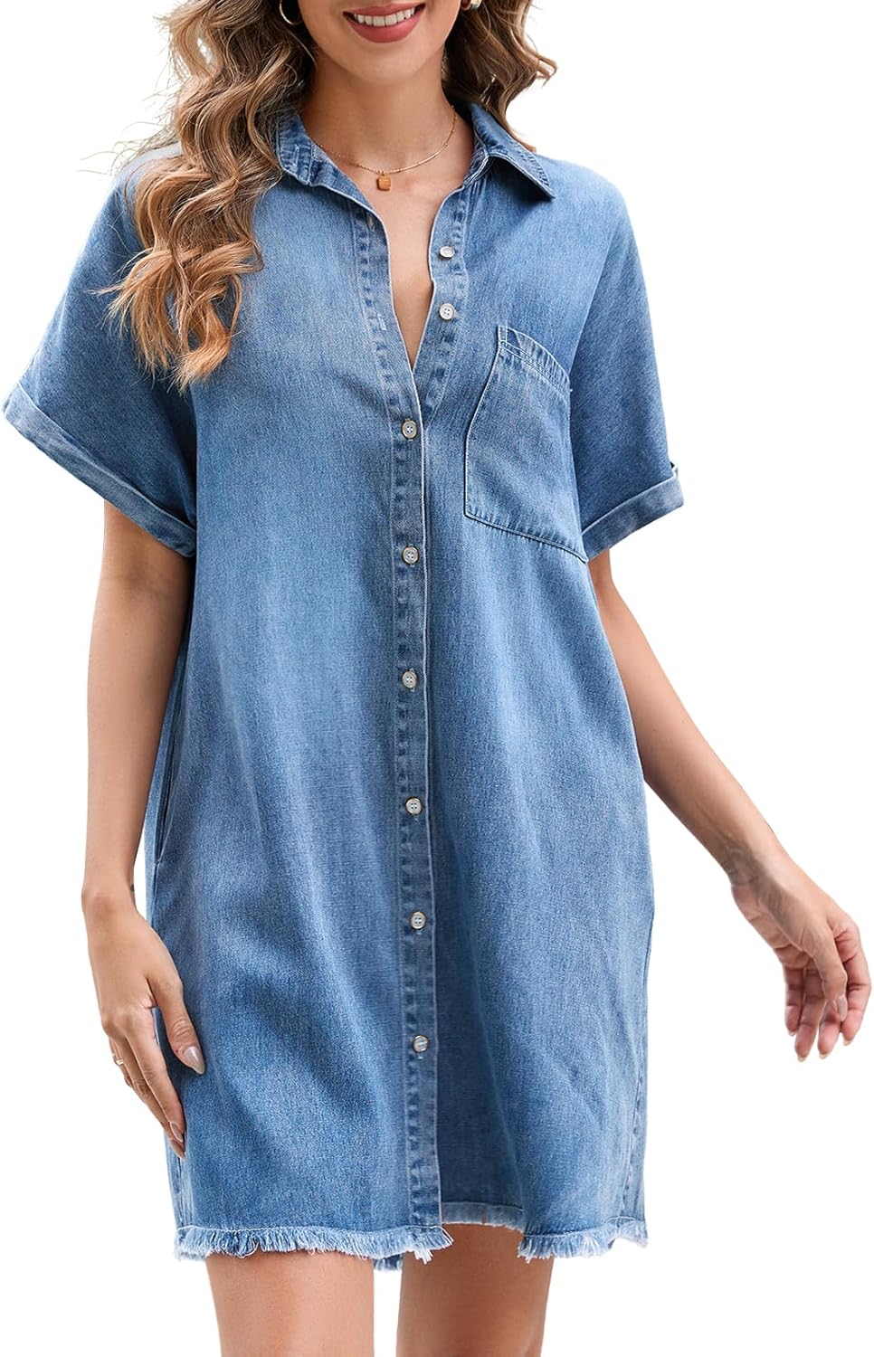 Hersuitful Summer Denim Dress for Women Short Sleeve Button Down Casual Western Jean Dresses