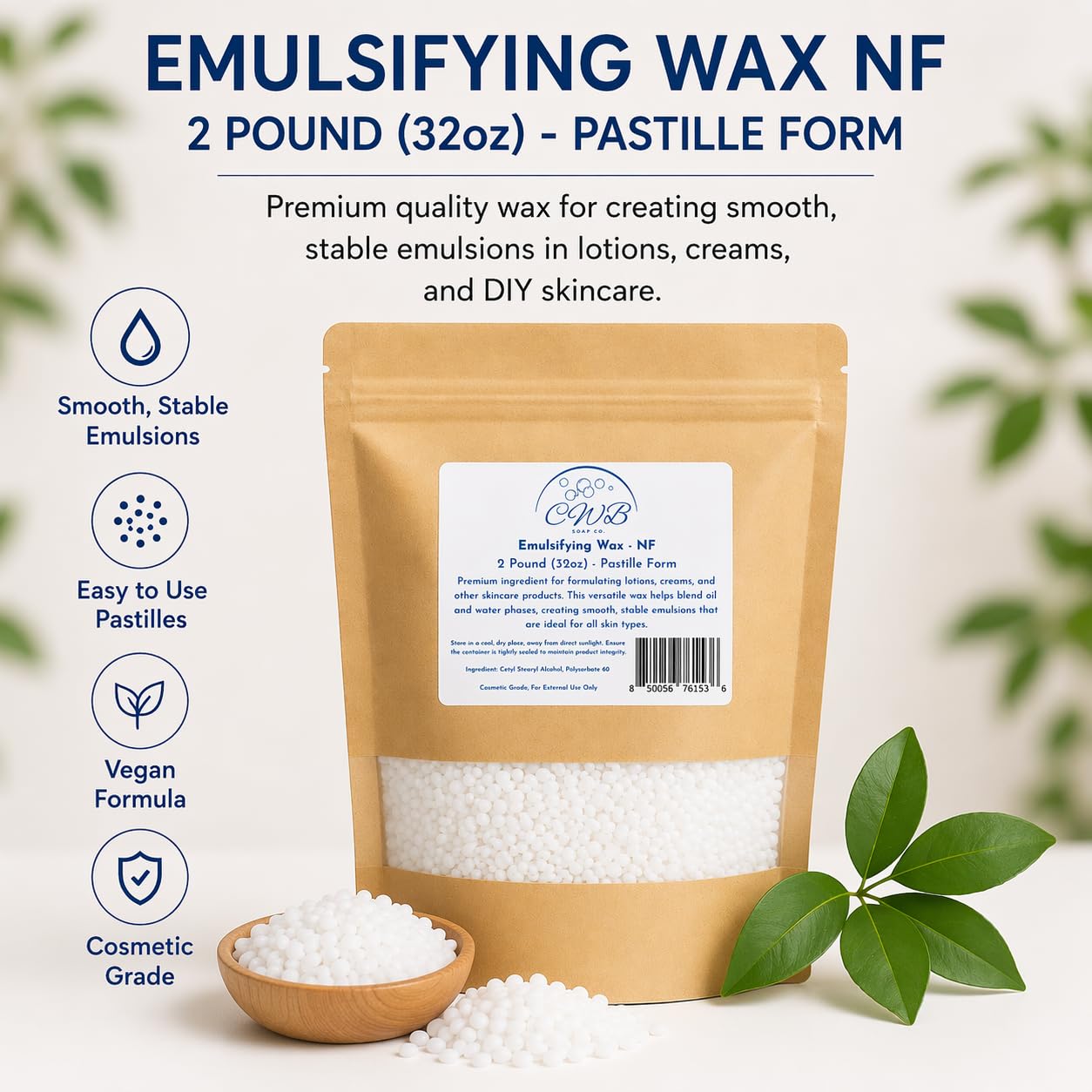 Emulsifying Wax NF 2 lb (32 oz) Pastilles – Emulsifying Wax for Lotion, Cream, DIY Skincare – Vegan, Cosmetic Grade, Stable Emulsifier