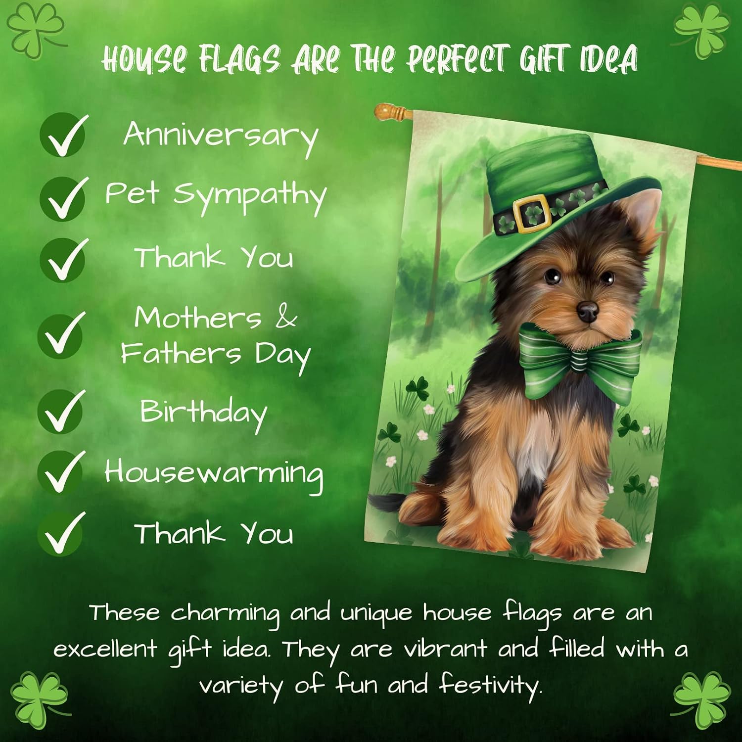 St. Patricks Day Irish Yorkshire Terrier Dog House Flag - Outdoor Double Sided Pet Portrait Weather Resistant Premium Quality Home Decorative Flags - 100% Polyester 29"w x 43"h, HFLG52197