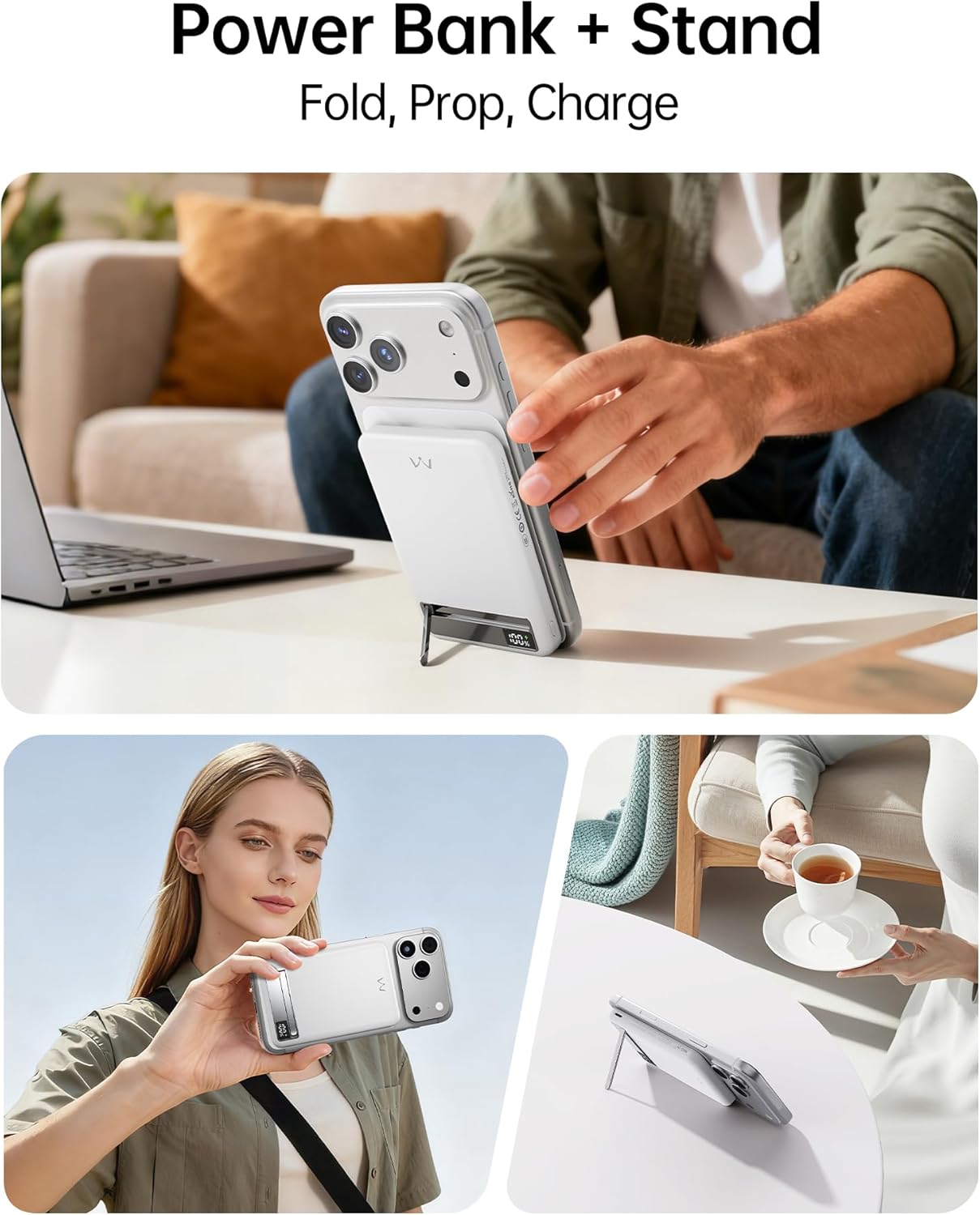 iWALK Magnetic Wireless Power Bank 10000mAh, Slim Portable Charger with 20W PD Cable Fast Charging, Metal Kickstand, LED Display, MagSafe Compatible Battery Pack for iPhone 17/16/15/14/13/12 Series