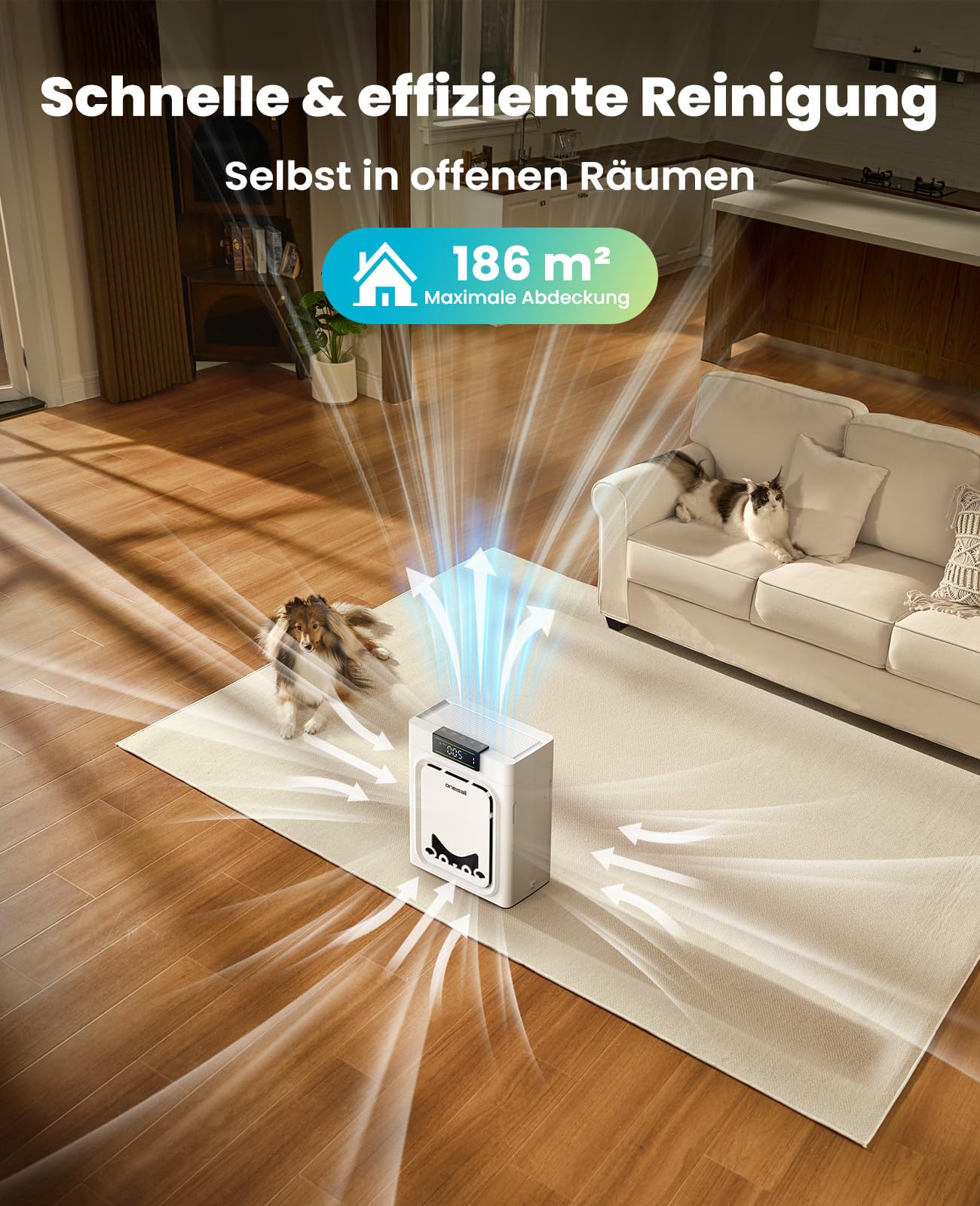 oneisall Luftreiniger mit Waschbare HEPA-Filter, CADR 320m³/h, 204m², 20dB Leise Air Purifier für Allergikerfreundlich Gegen 99,97% Haustiere Tierhaare Hautschuppen Pollen PM2.5 Staub Schimmel Gerüche