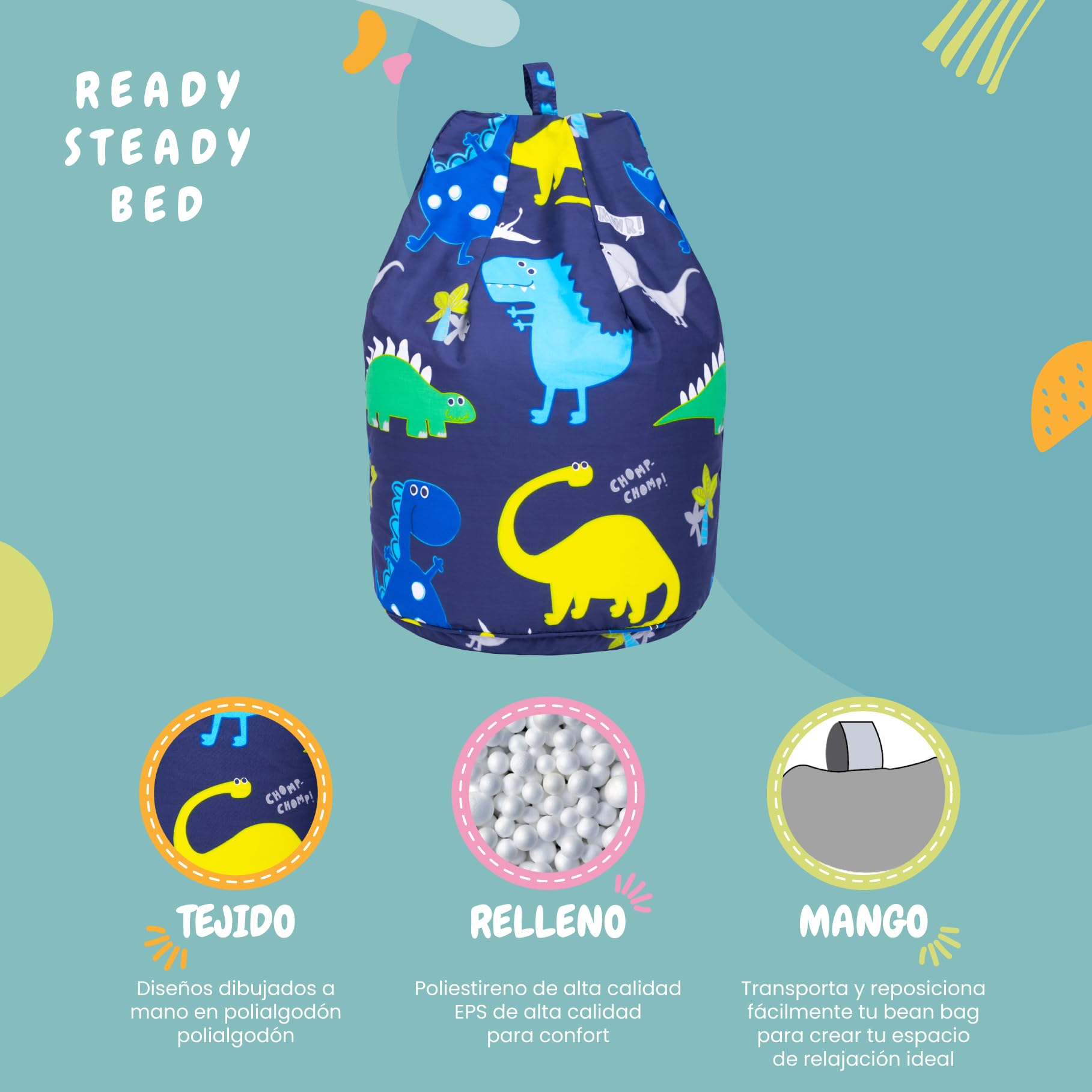 Ready Steady Bed Puff Infantil | Cómodo Puff niños para Interiores y Exteriores | Puf para niños Resistente al Agua | Diseño ergonómico Puff Infantiles | Puff con Relleno Incluido (Dino Dark)