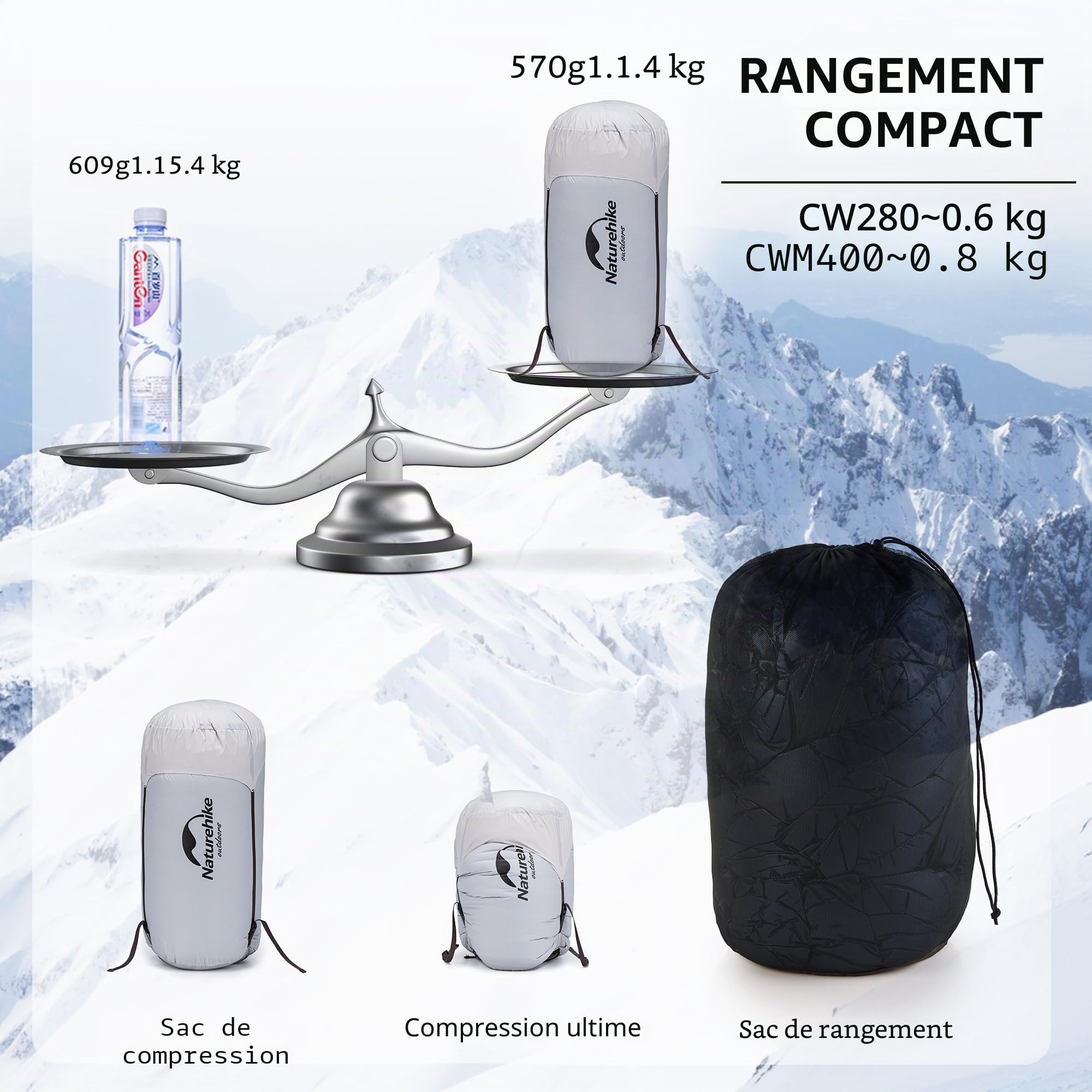 Naturehike Ultralight Down Sac de Couchage en Duvet d'oie Adulte Portable Sac de Couchage épais Imperméable Rectangulaire Sac de Couchage Camping Randonnée Alpinisme Voyage