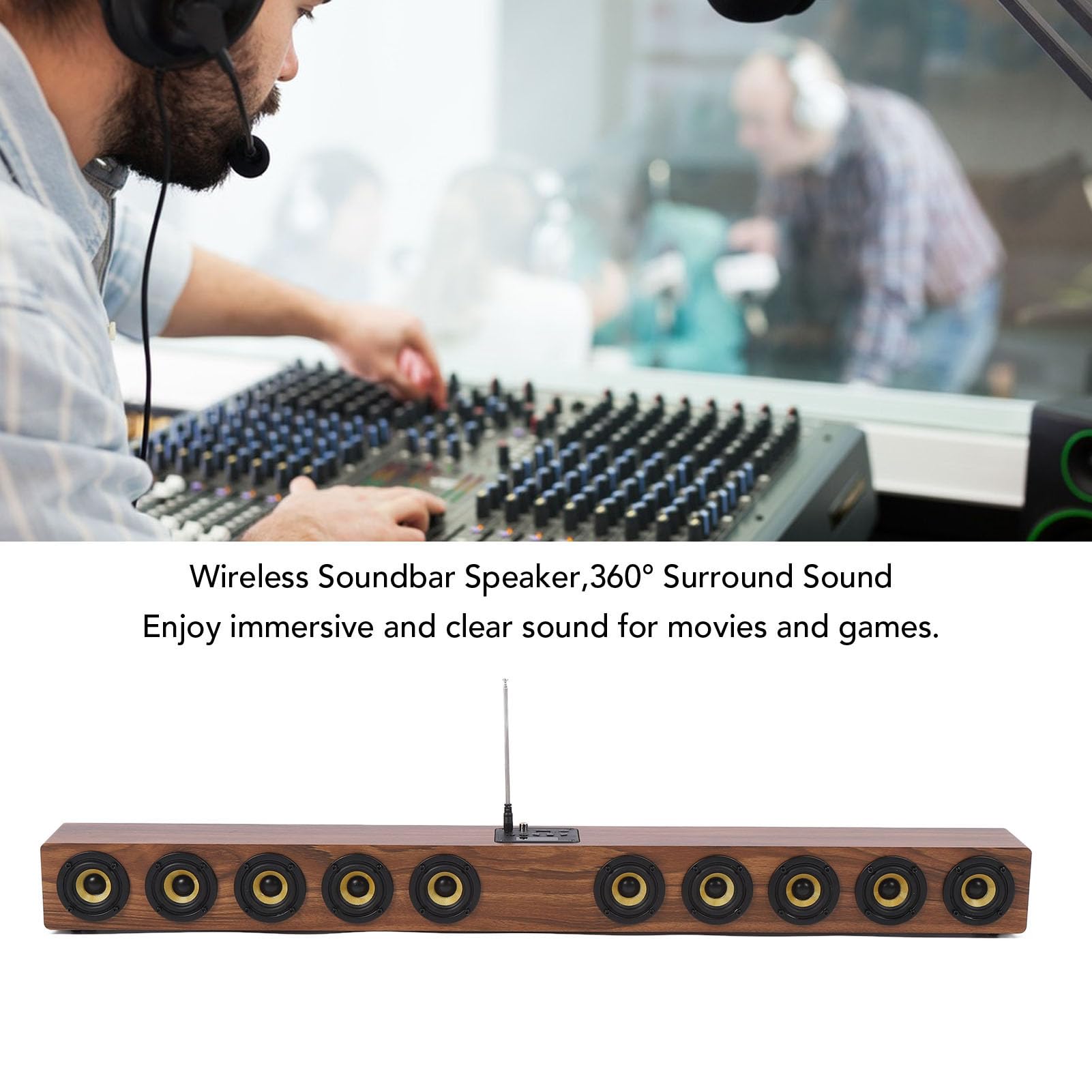 Barre de Son sans Fil, Son Surround HiFi 360°, Haut-parleurs D'ordinateur en Bois avec Bluetooth 5.3, Connexion USB AUX, 50 W, 88 Cm, Barre de Son Home Cinéma pour Téléviseur, PC