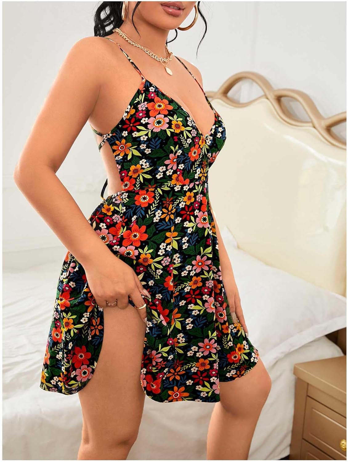 Floerns Women's Floral Print Backless Criss Cross Dress Flowy Boho Cami Short Dresses - Image 3