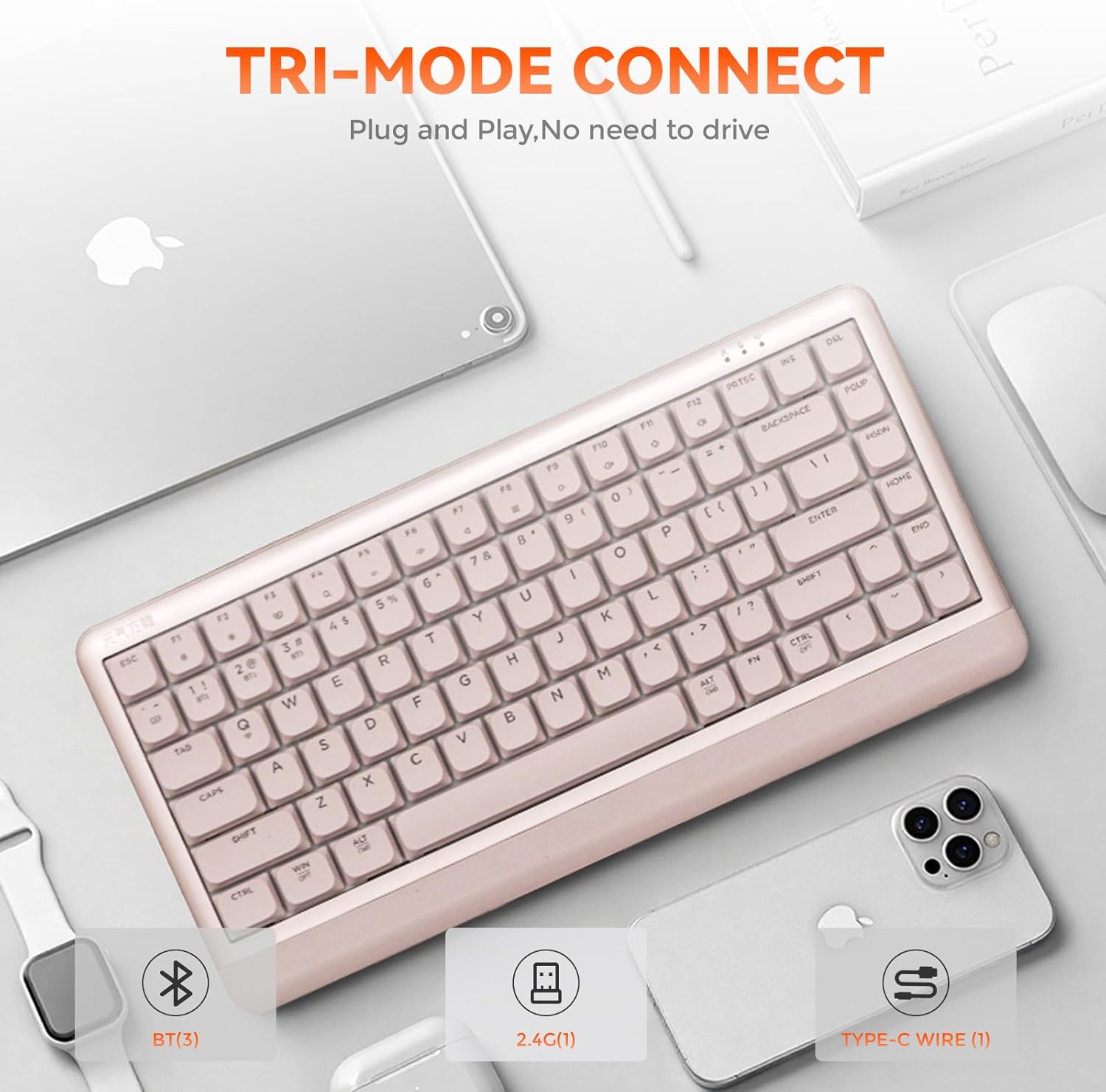DAREU Low Profile Keyboard,84 Keys Mac Keyboard,Programmable Keys Keyboards, Hot Swappable Wireless Computer Keyboard RGB Backlit, Gasket Mounted, Support Bt / 2.4GHz / USB-C for Windows Mac (Pink)