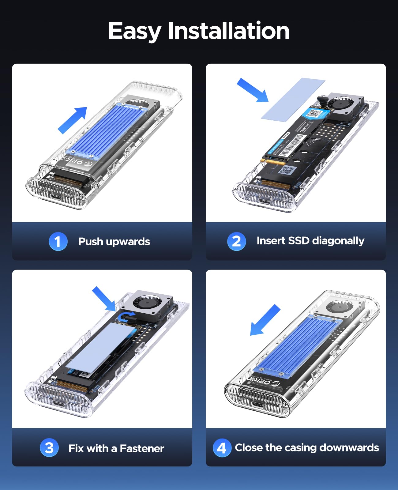 ORICO Obudowa NVMe SSD 40 Gbps z wentylatorem, beznarzędziowa obudowa M.2 SSD do Thunderbolt 4/3 USB 3.2/3.1/3.0, przezroczysty adapter M2 obsługuje M-Key SSD 2230/2242/2260/2280, TCM2-U4-BL